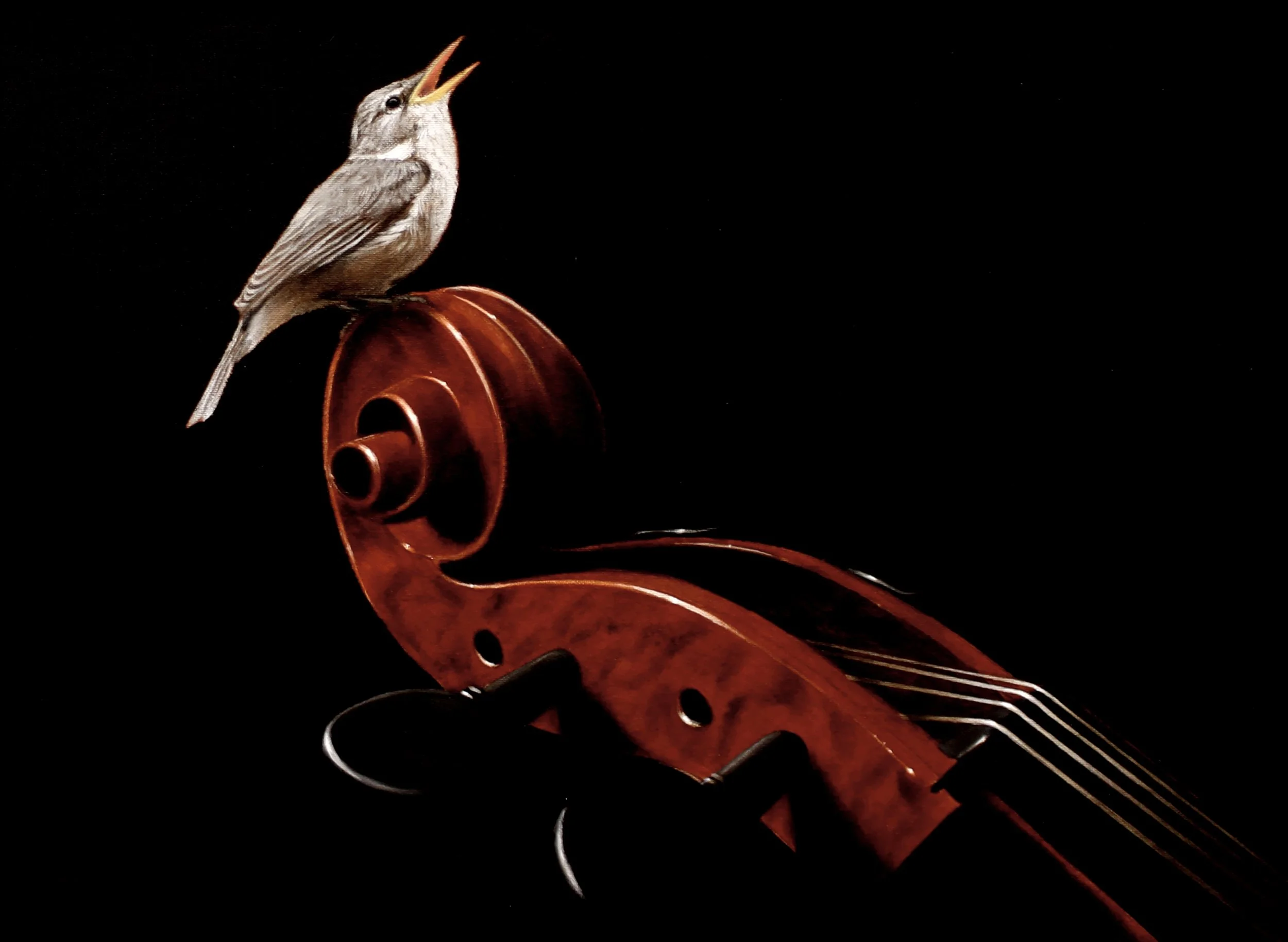 Oil painting of a bid sringing whilst perched on a cello for sale.