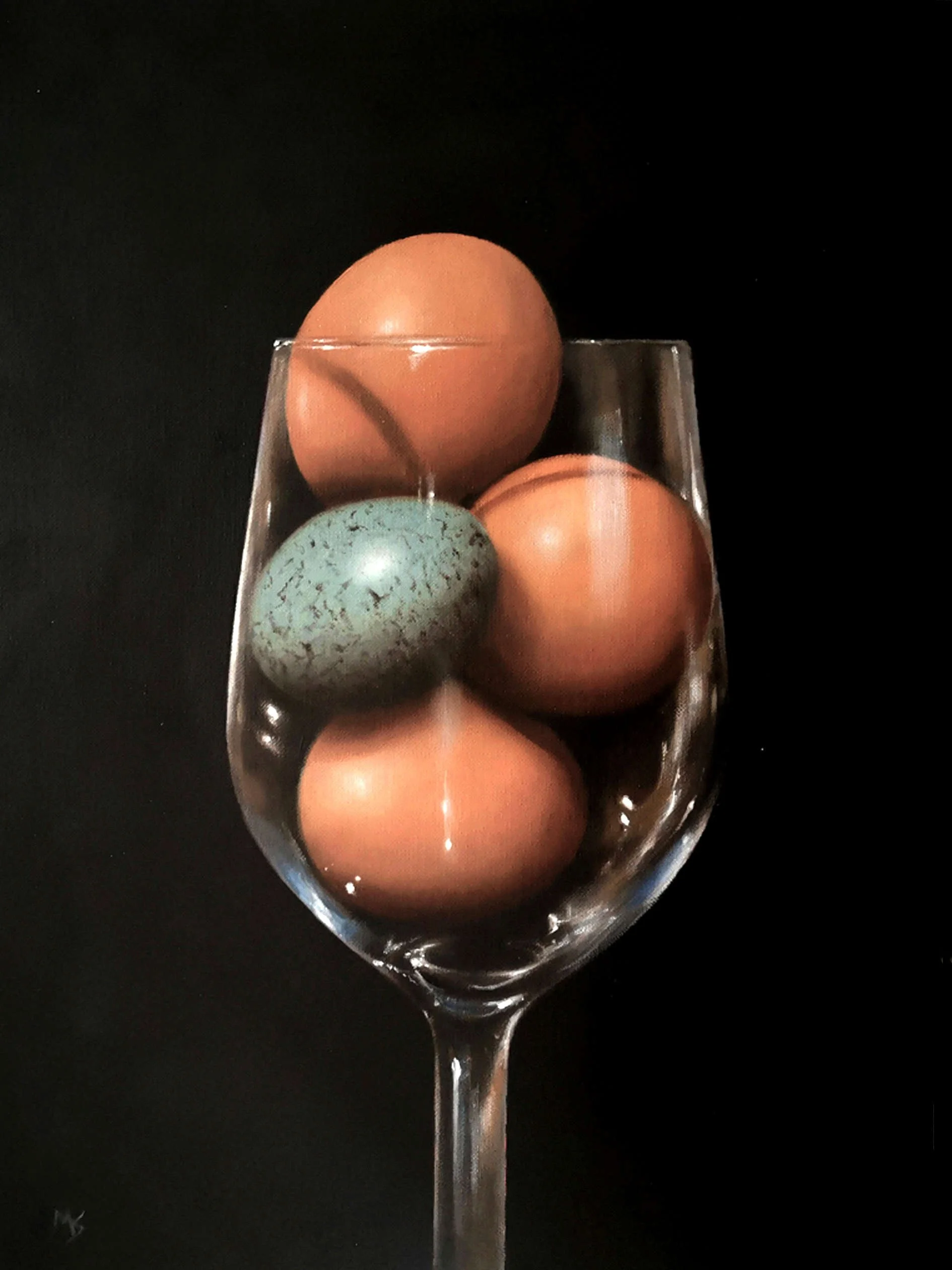 Still life oil painting of eggs in a glass.