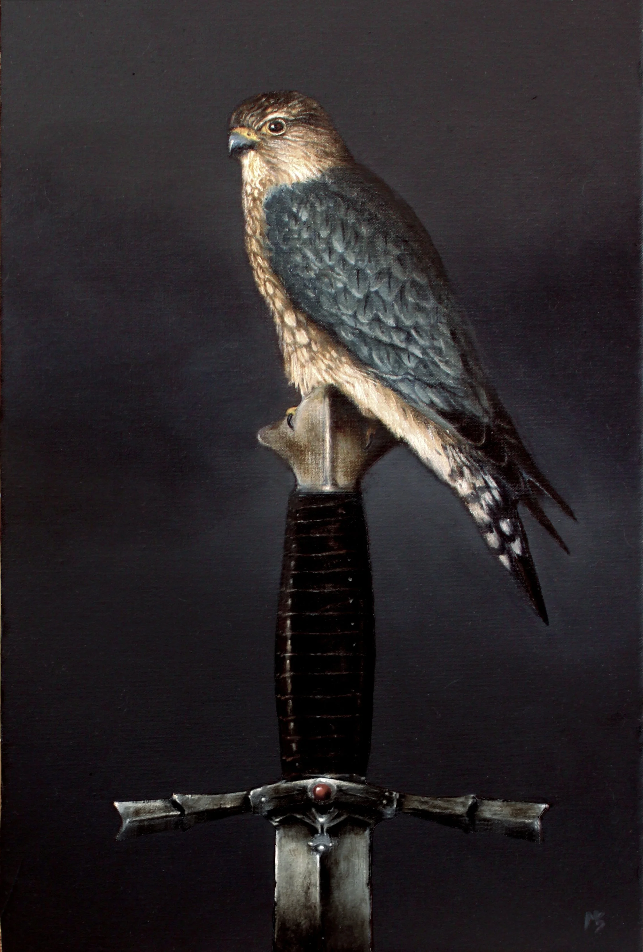 A merlin hawk perched on a sword in a stone.