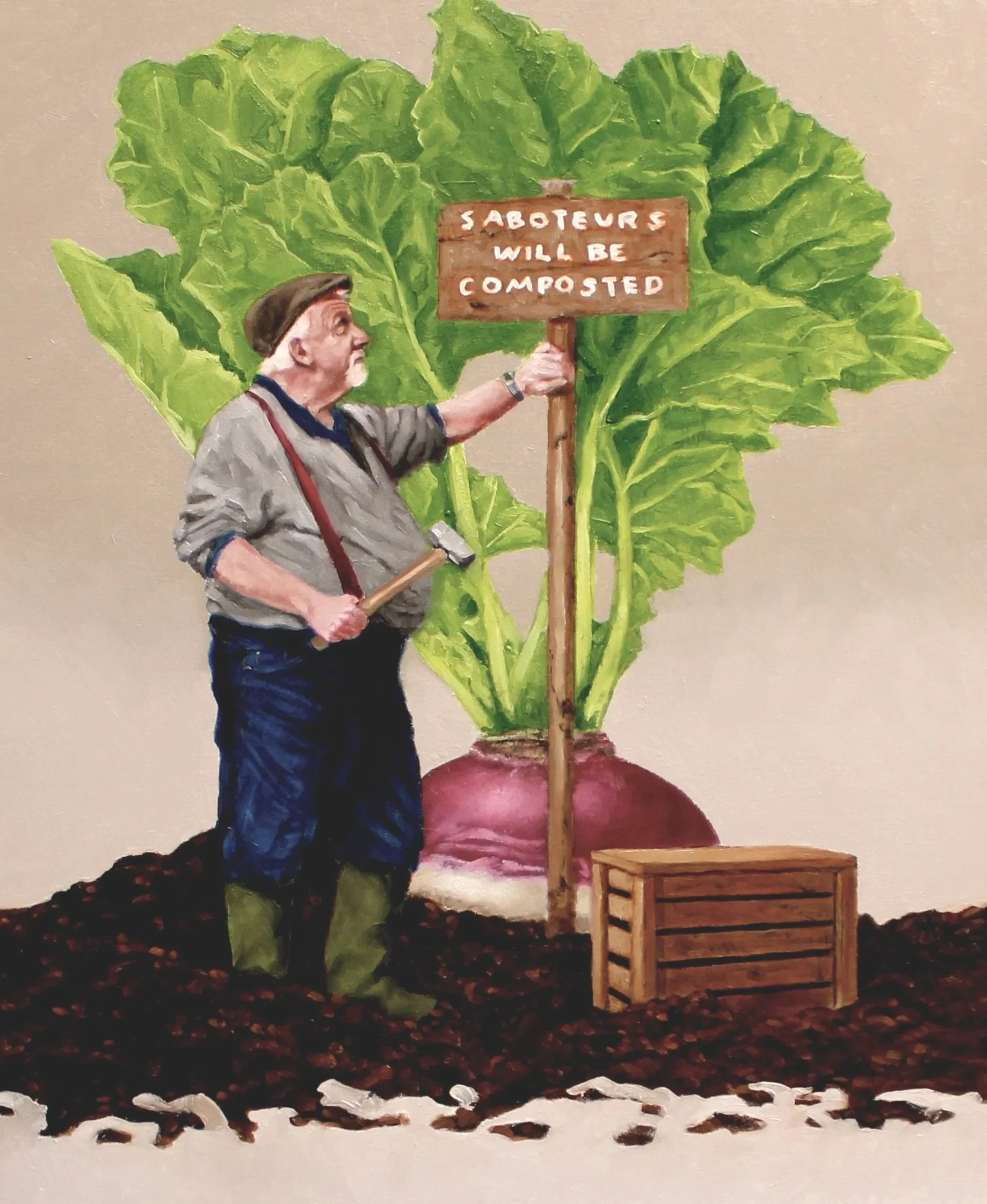 Humorous painting of a gardener warning off saboteurs of his giant turnip.