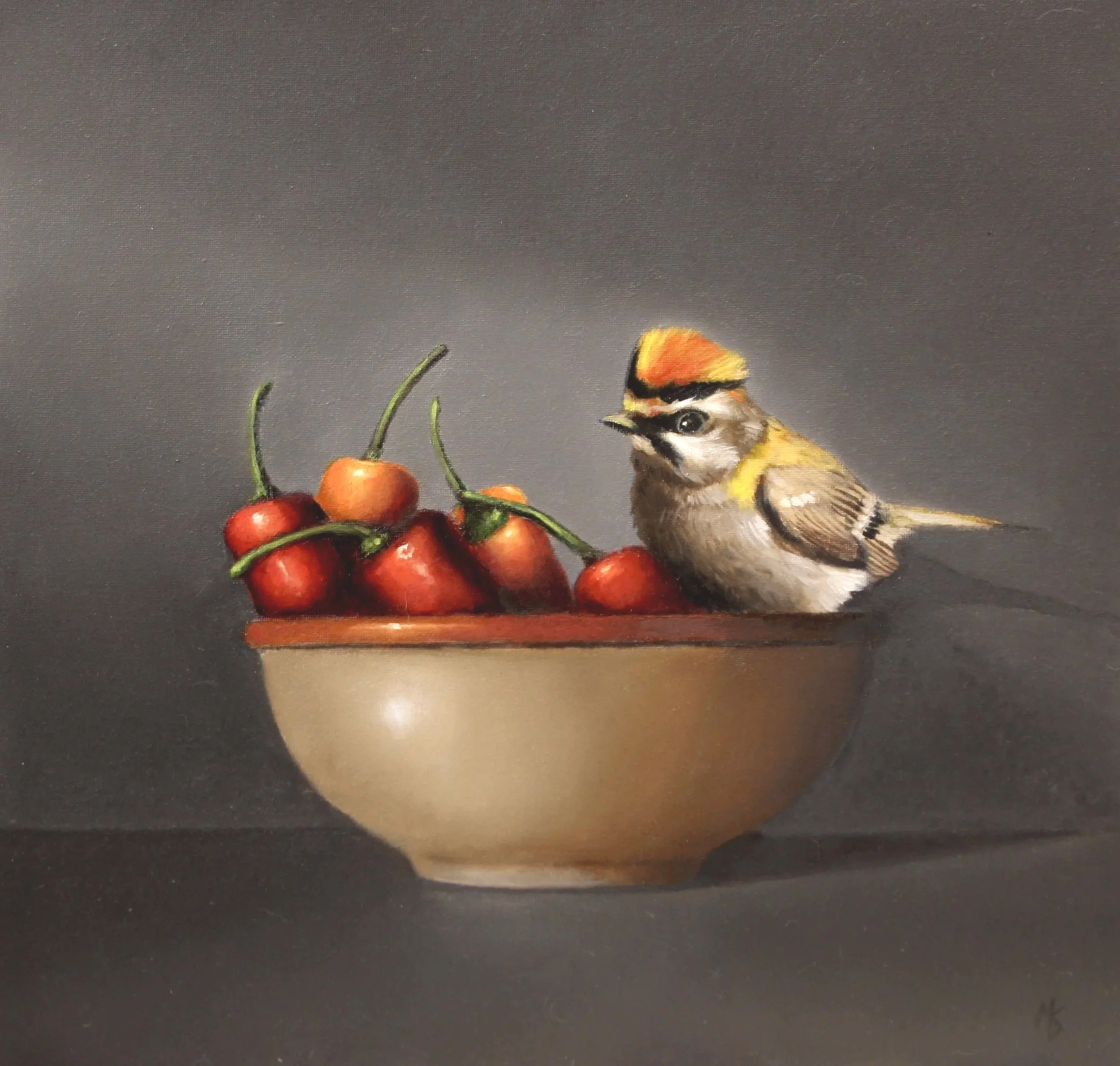 Buy an oil painting of a firecrest bird by Mike Skidmore.