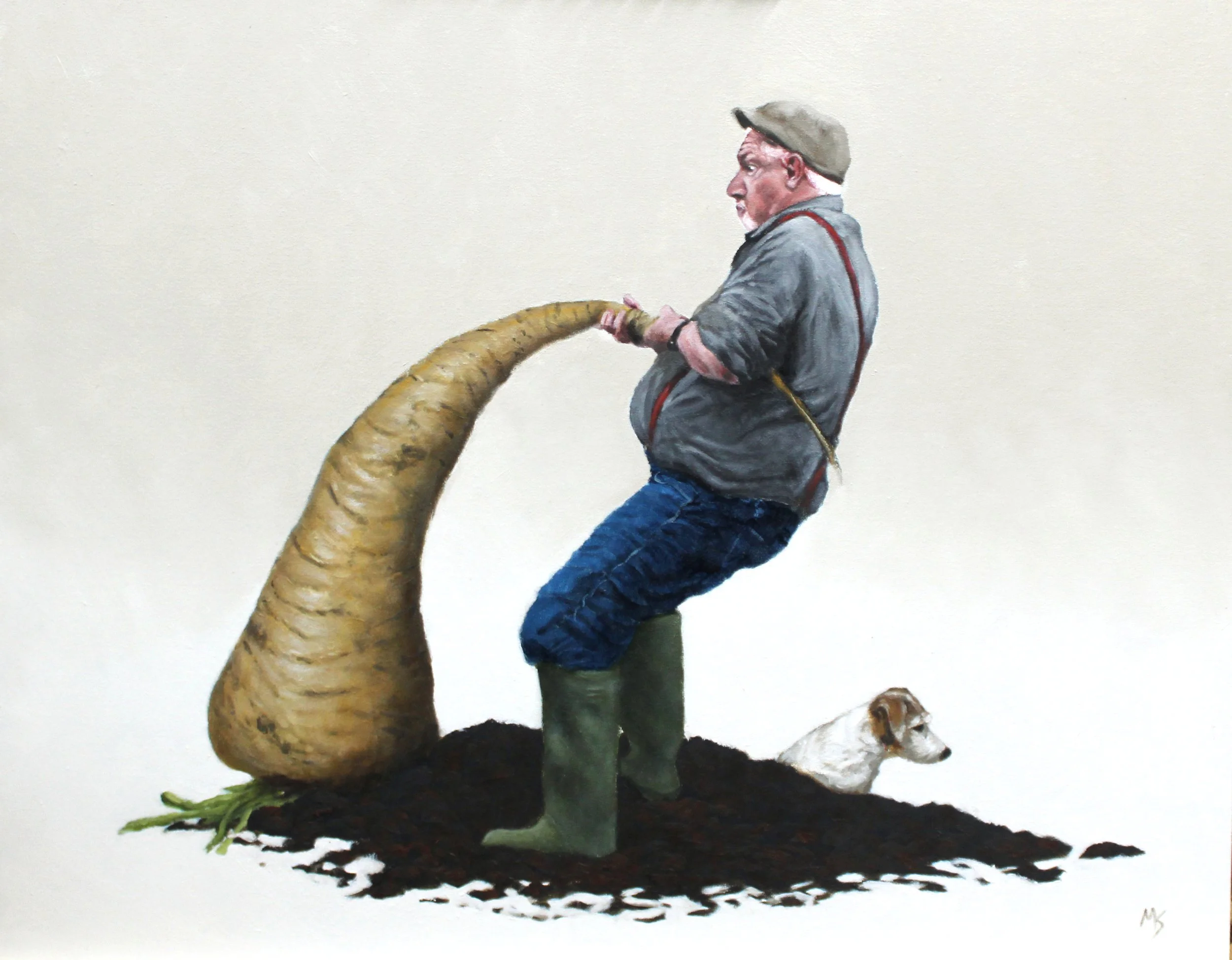 Humorous painting of a gardener trying to pull a giant parsnip.