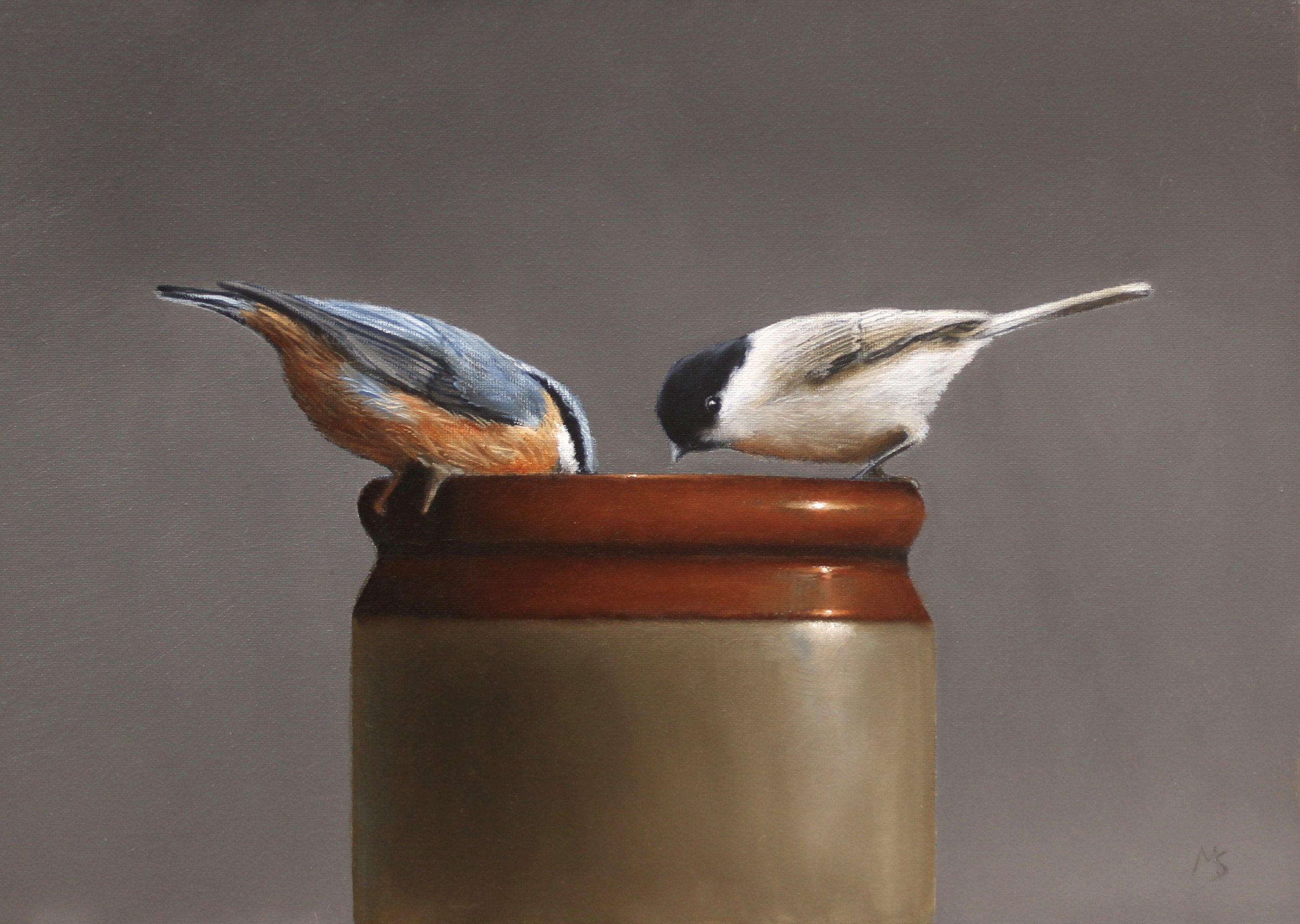 Oil painting by Mike Skidmore of a nuthatch and black cap.