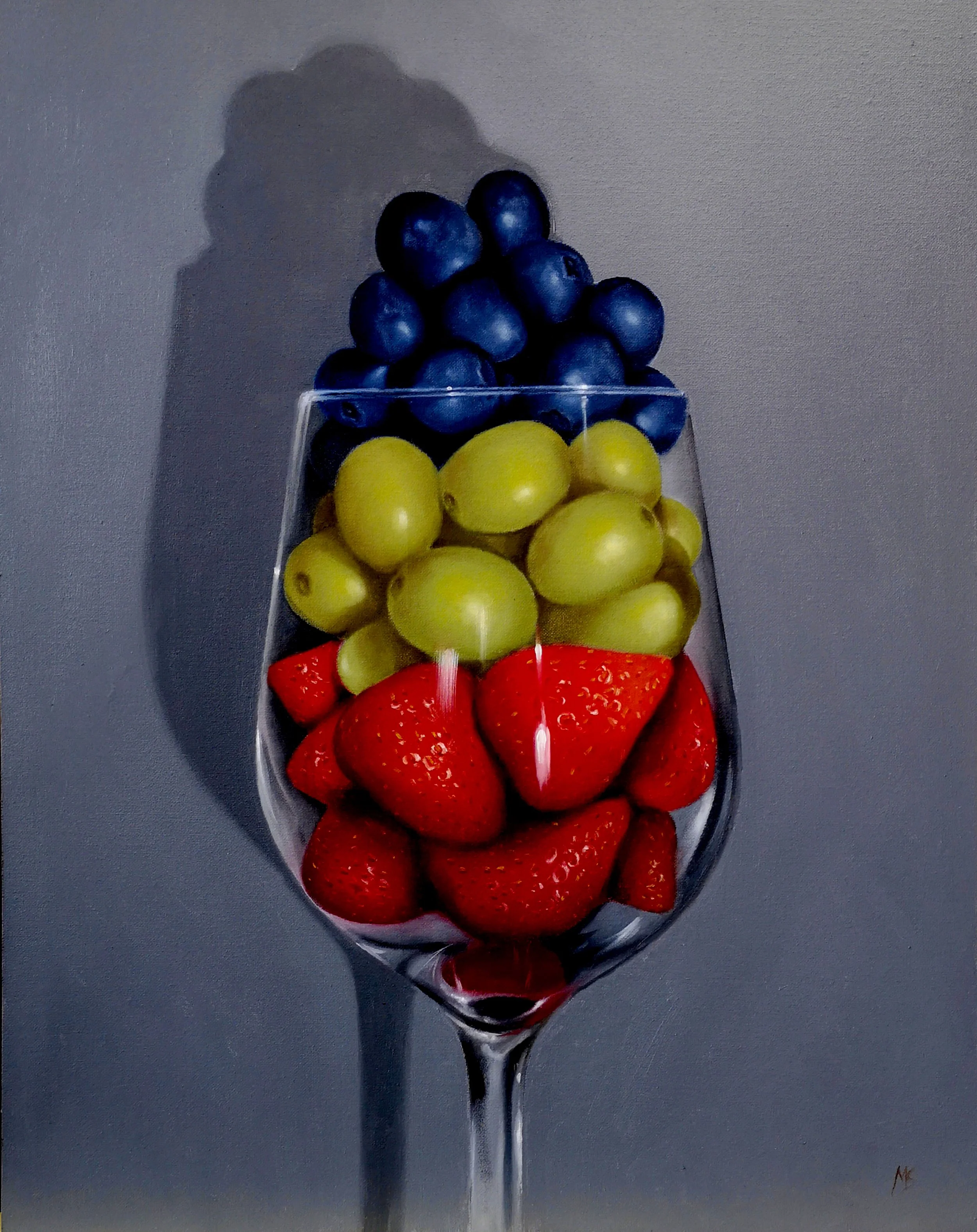 Buy a still life in oils of berries and grapes in a glass by Mike Skidmore.