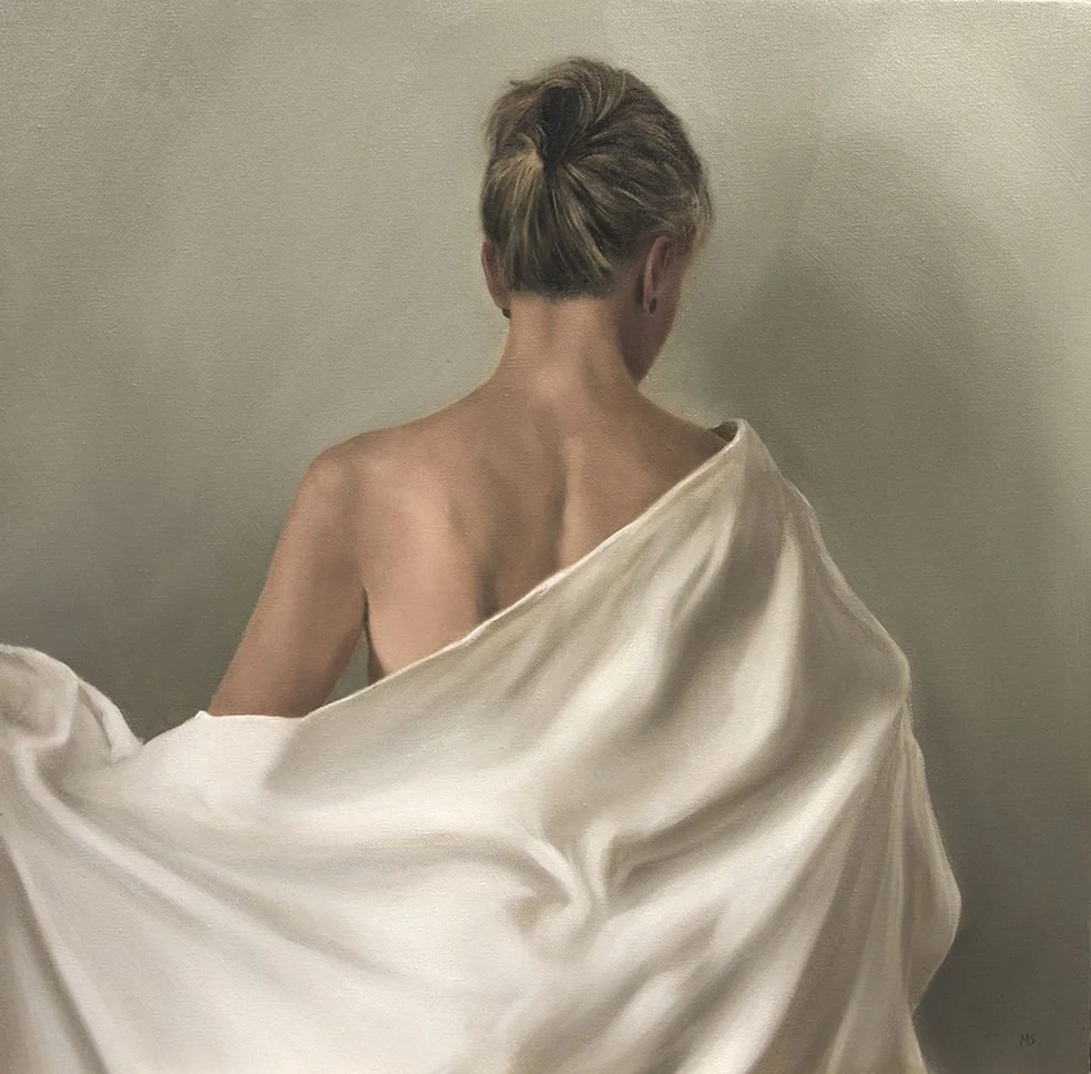 Life study in oils of a woman holding a white drape.