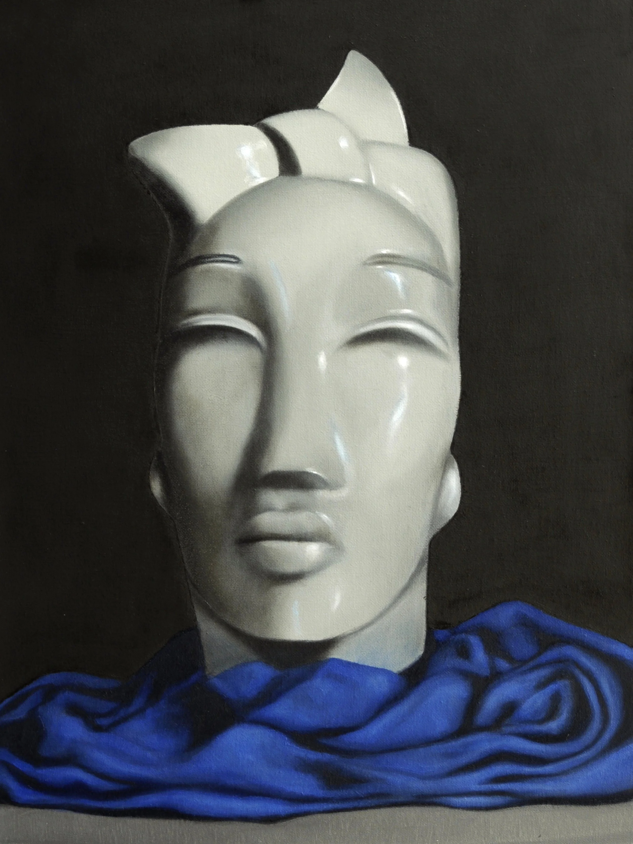 Still life oil painting of a porcelain head and blue scarf by Mike Skidmore.