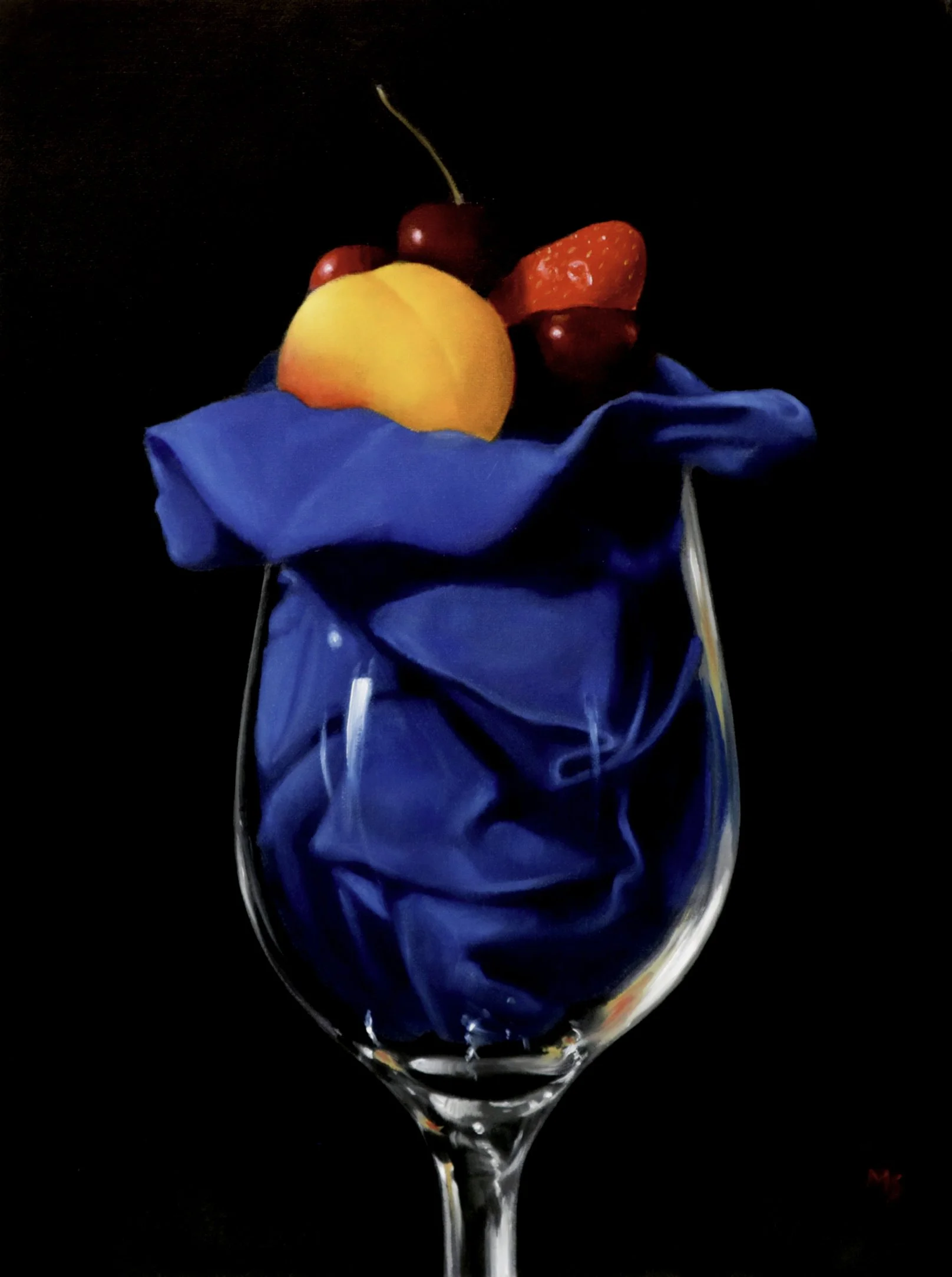 Still life oil painting of blue cloth and fruit in a wine glass.
