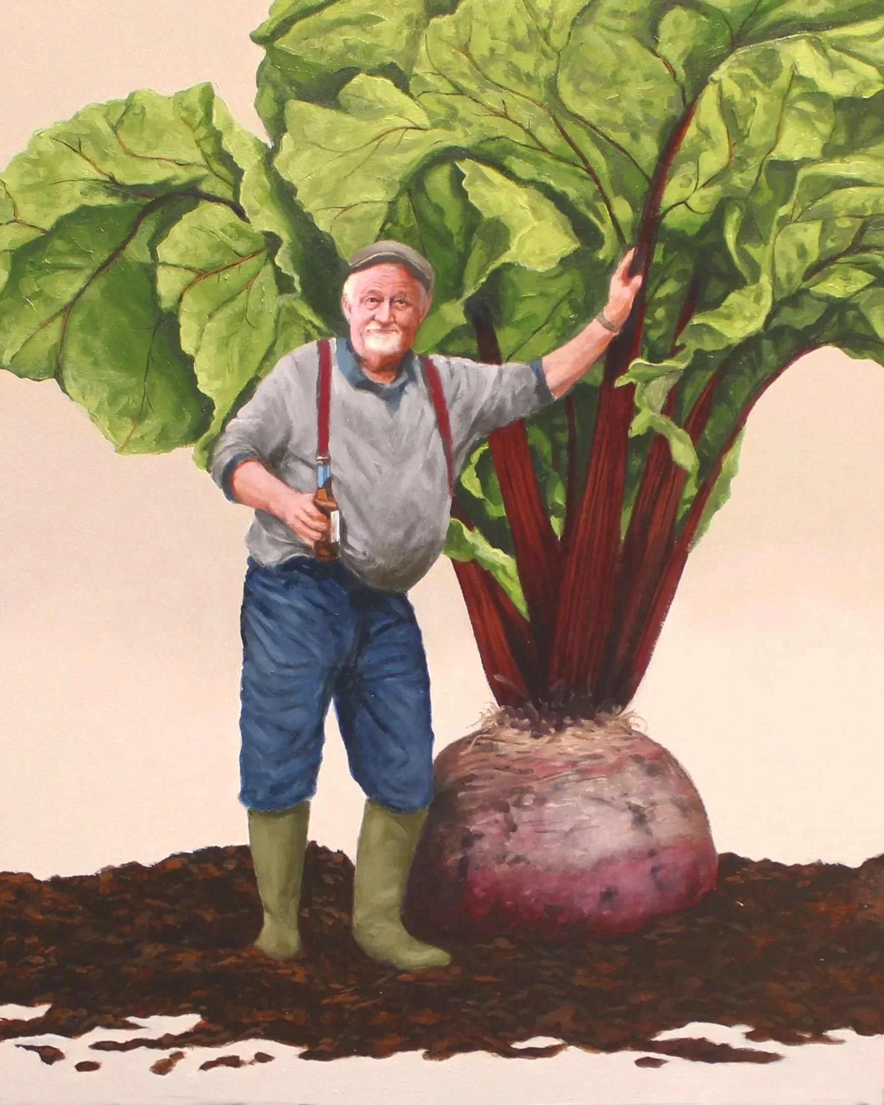 Humorous painting of a proud gardener with his giant beetroot.