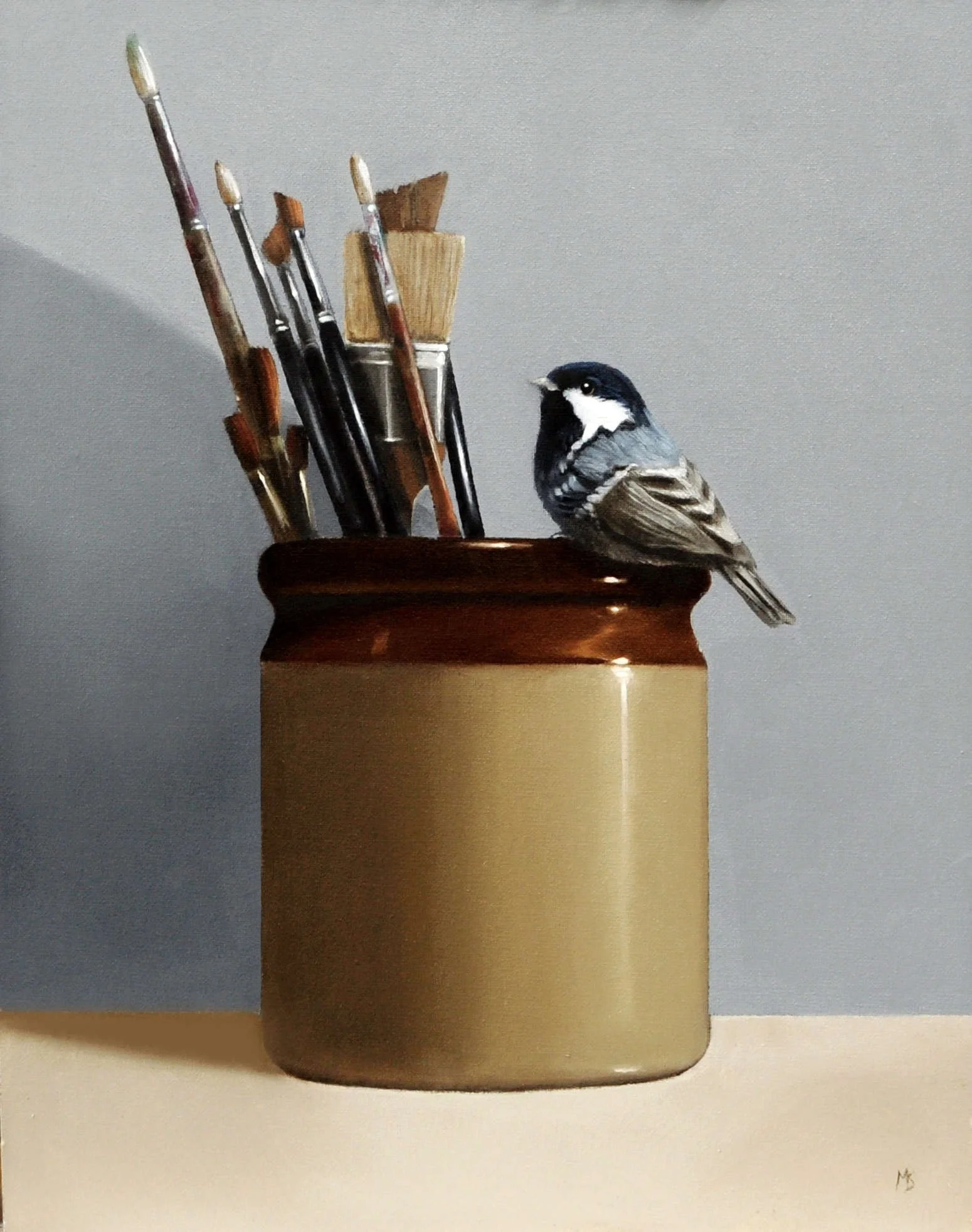 Coal tit on a jar with artist's brushes oil painting.