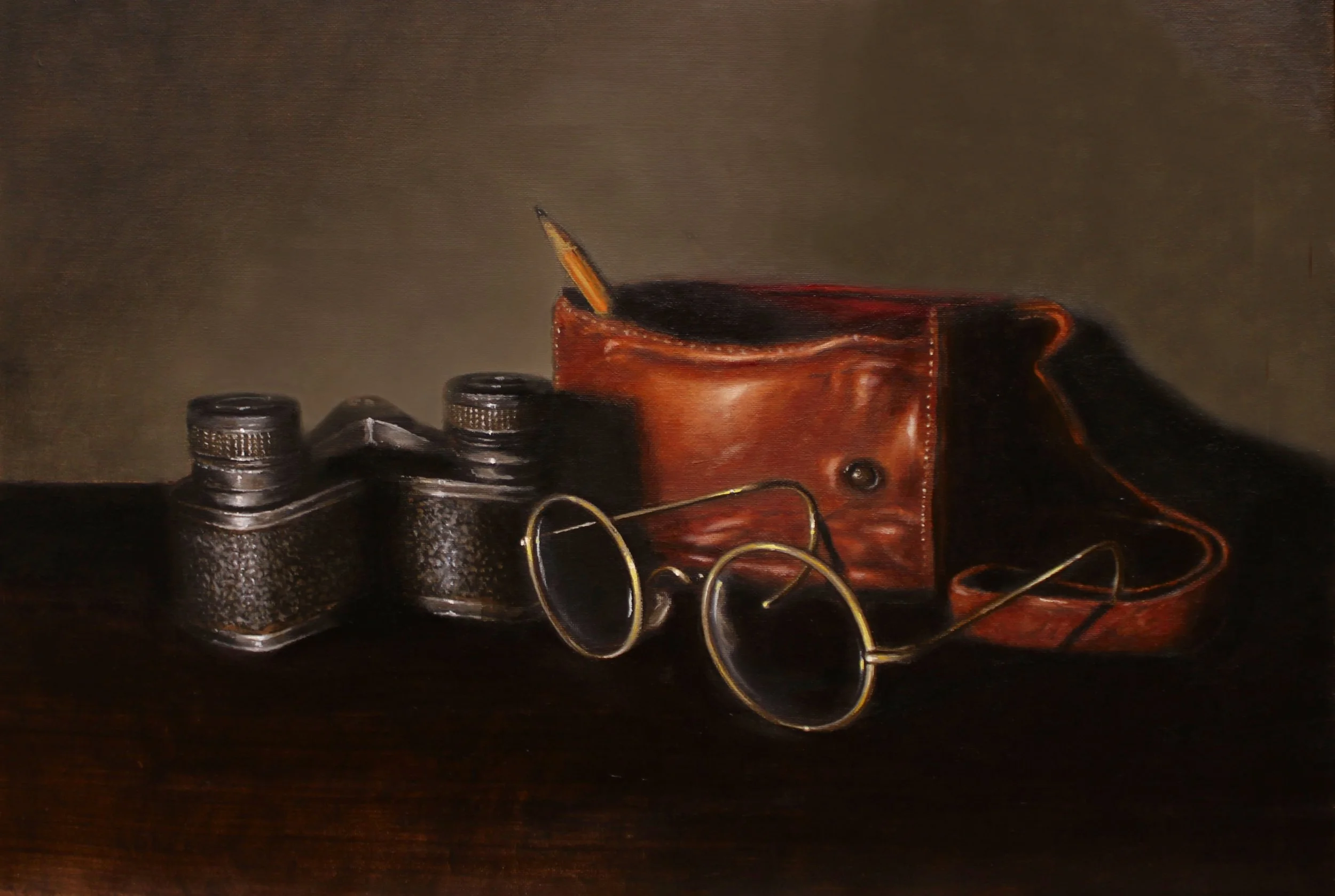 Nostalgic still life oil painting of old binoculars and glasses by Mike Skidmore