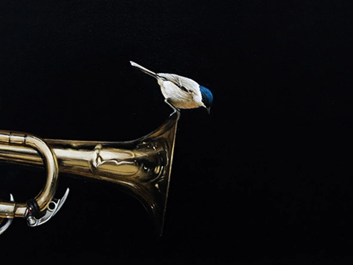 Black cap songbird perching on a trumpet oil painting.