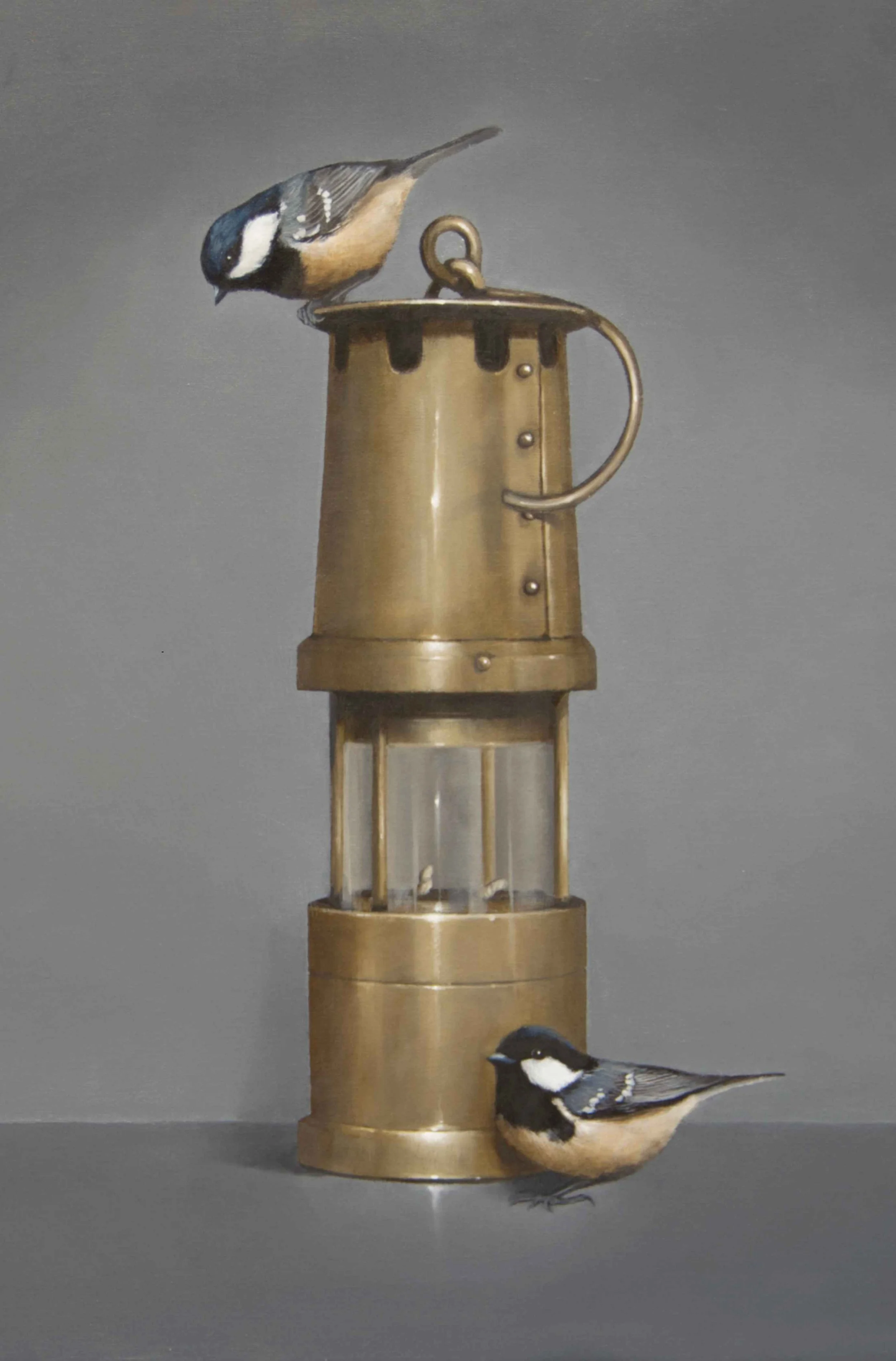 MikeSkidmore: artwork in oils of two coal tits on a Davy. lamp used by miners.