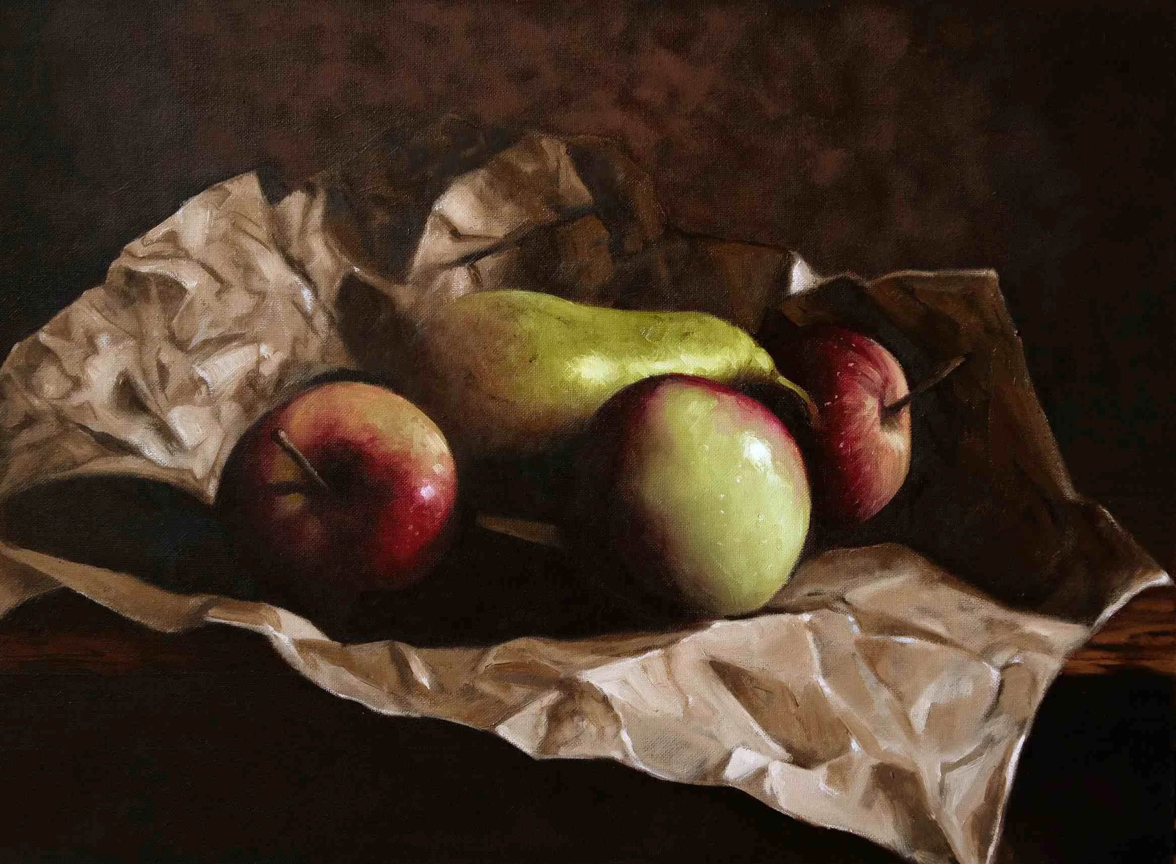 Apples and pear wrapped in brown paper still life painting by Mike Skidmore, artist.