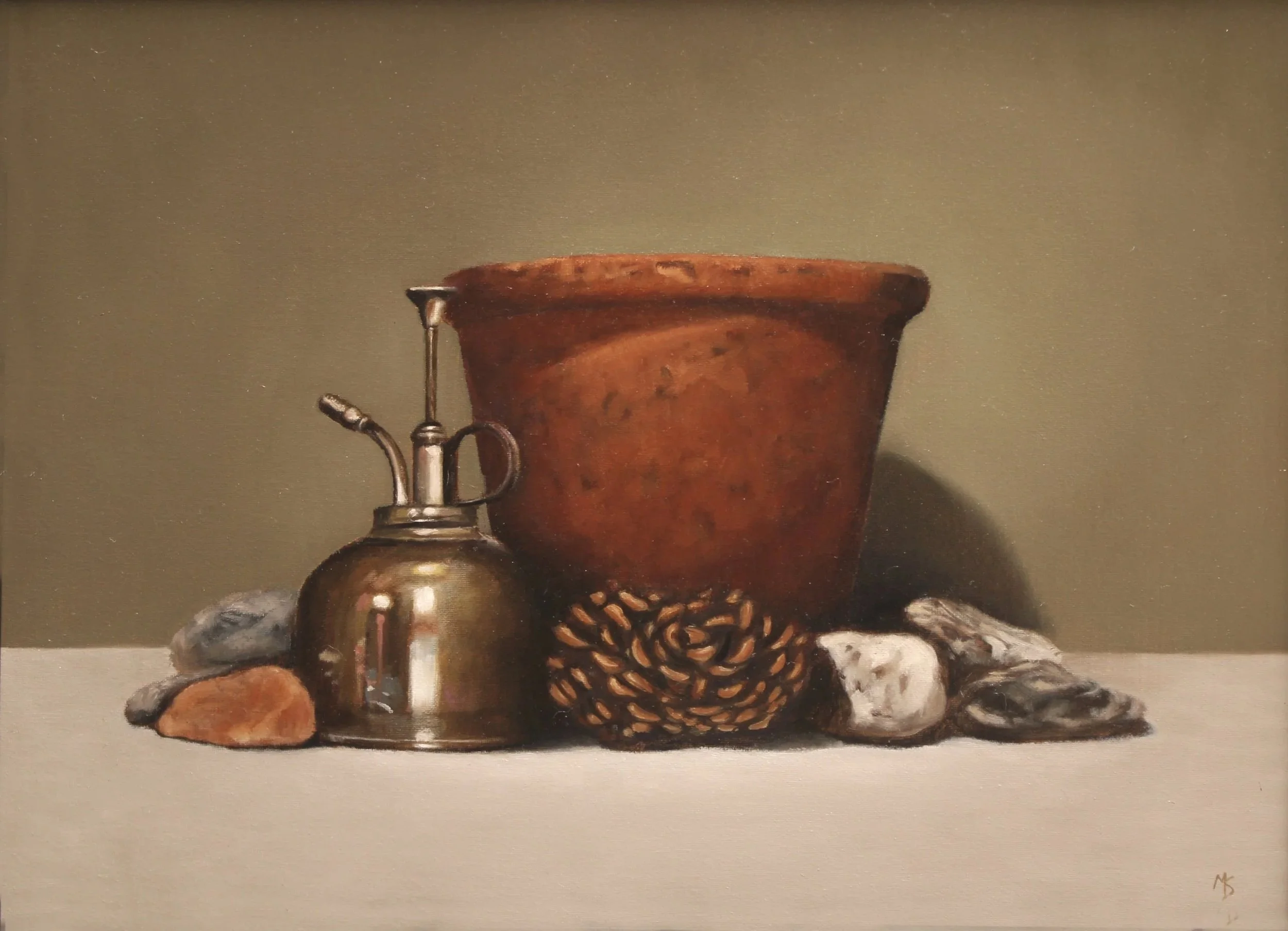 Buy a still life by Mike Skidmore of gardening implements and pine cones.