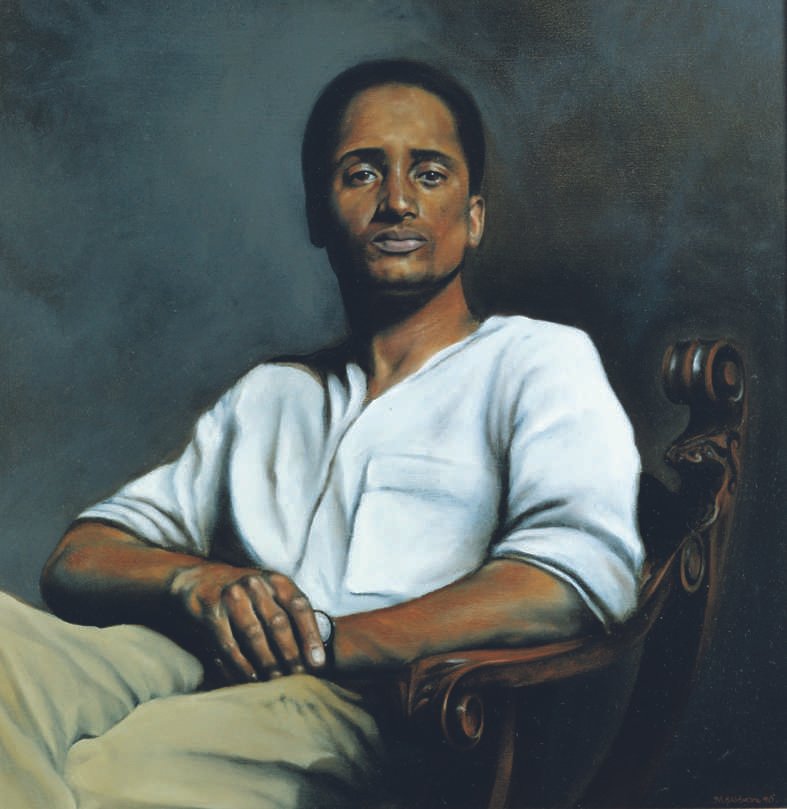 Oil painting portrait of a black man in a realistic style created with classical techniques.