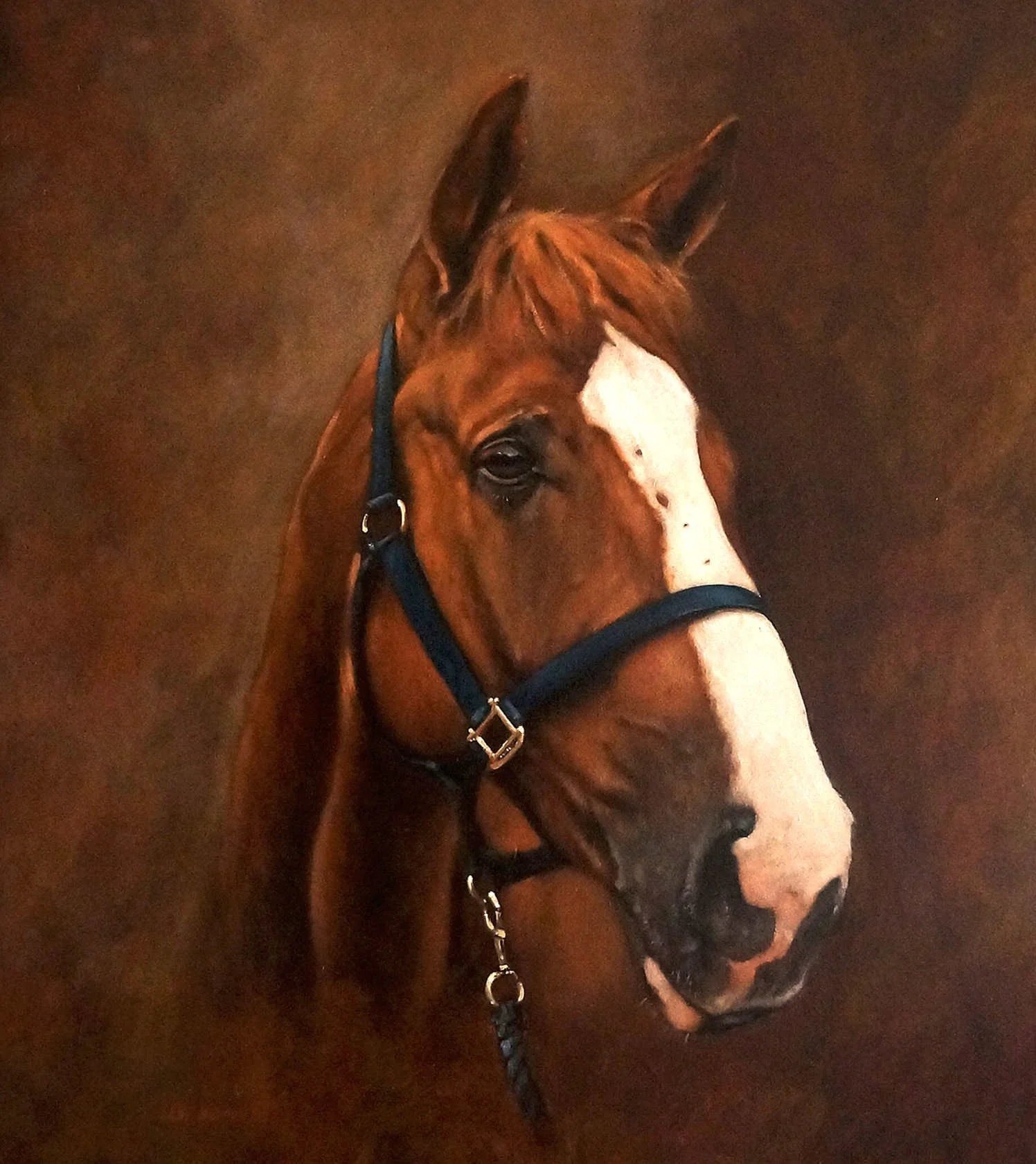Realistic oil painting portrait of a chestnut horse.