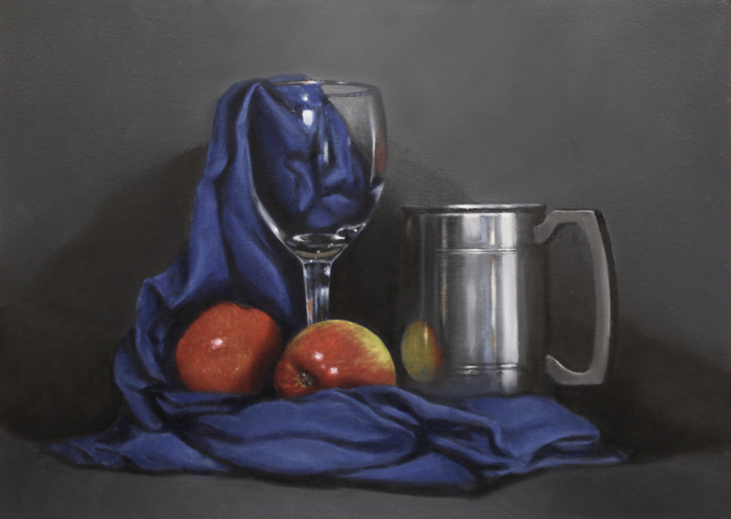Still life oil painting by MikeSkidmore of a glass, tankard and apples in a blue cloth.