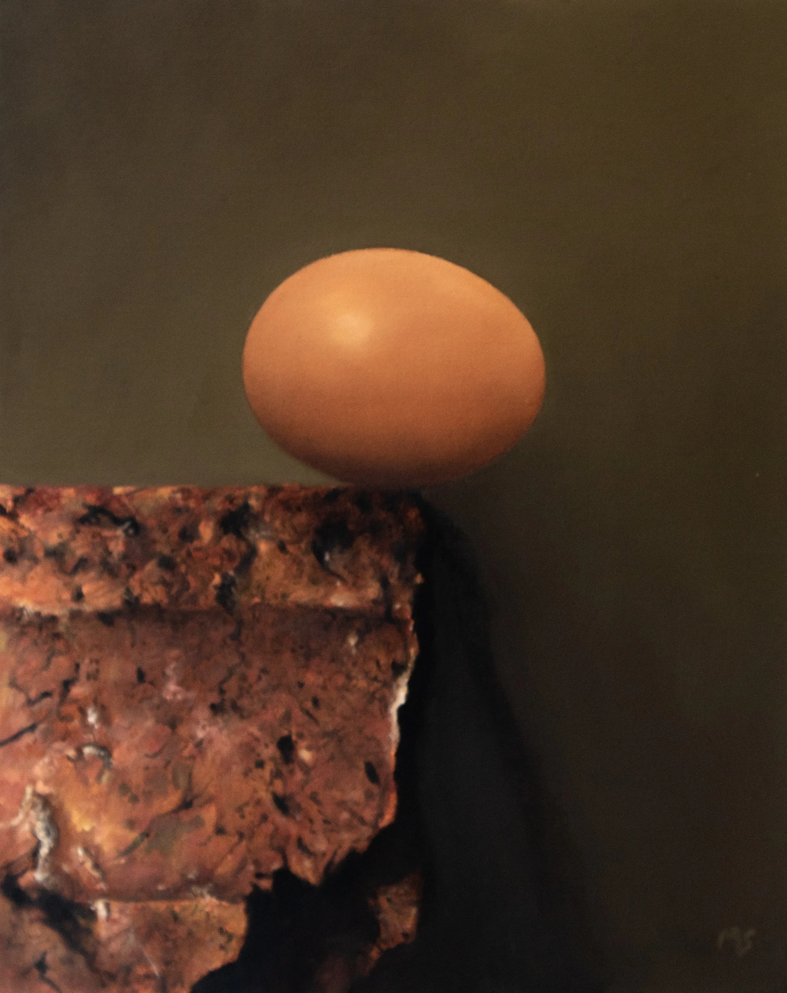 Still life painting of an egg perched on the edge of a house brick by MikeSkidmore.
