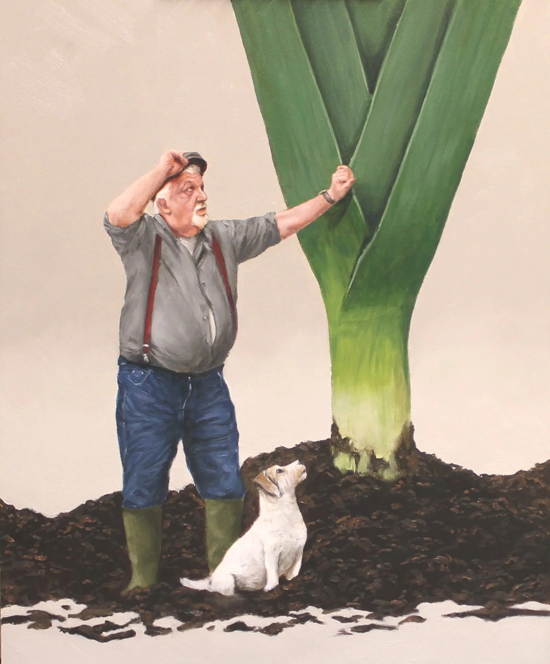 Humorous painting of a gardener and his dog with a giant leek.