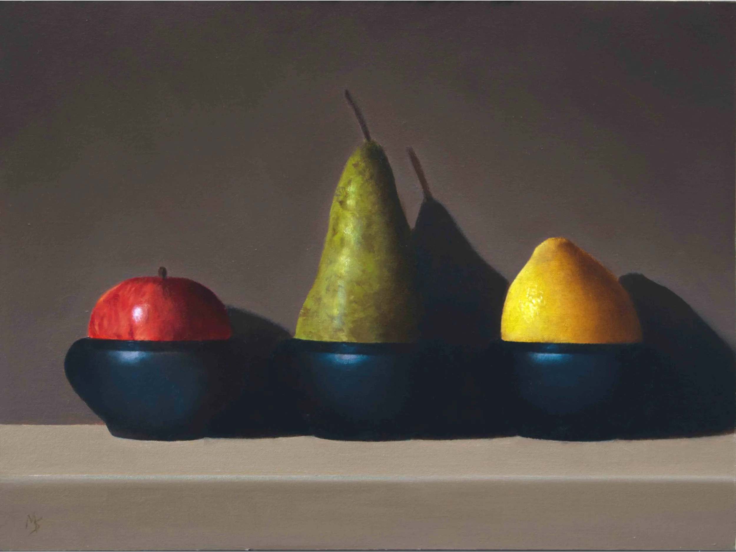 Still life  painting of an apple, pear and lemon in black bowls.