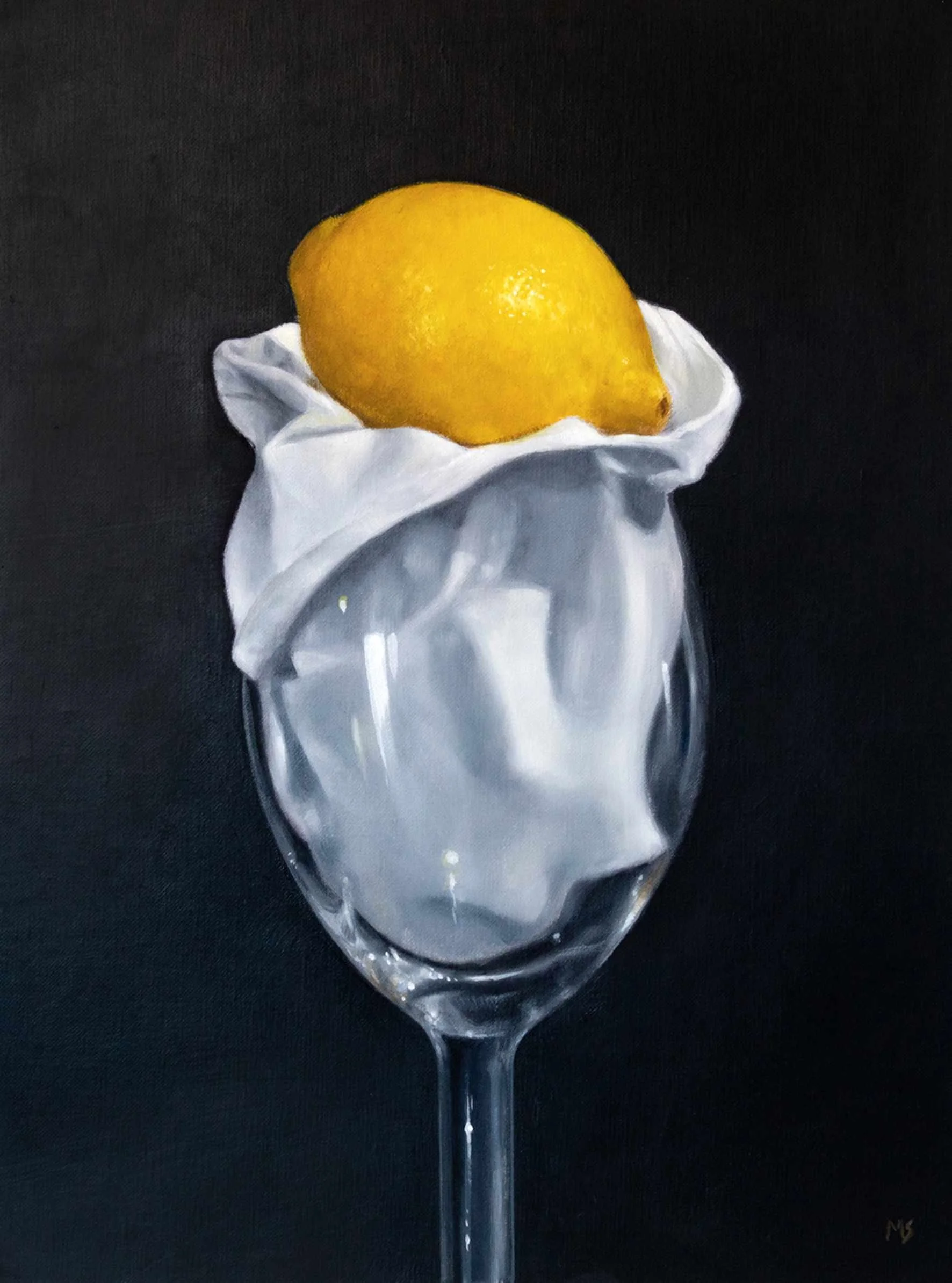 Still life in oils of a lemon, napkin and wine glass.