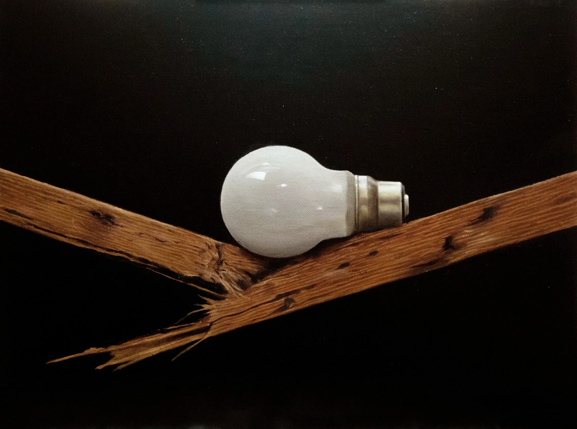 Still life in oils of a lightbulb on broken wood by Mike Skidmore.
