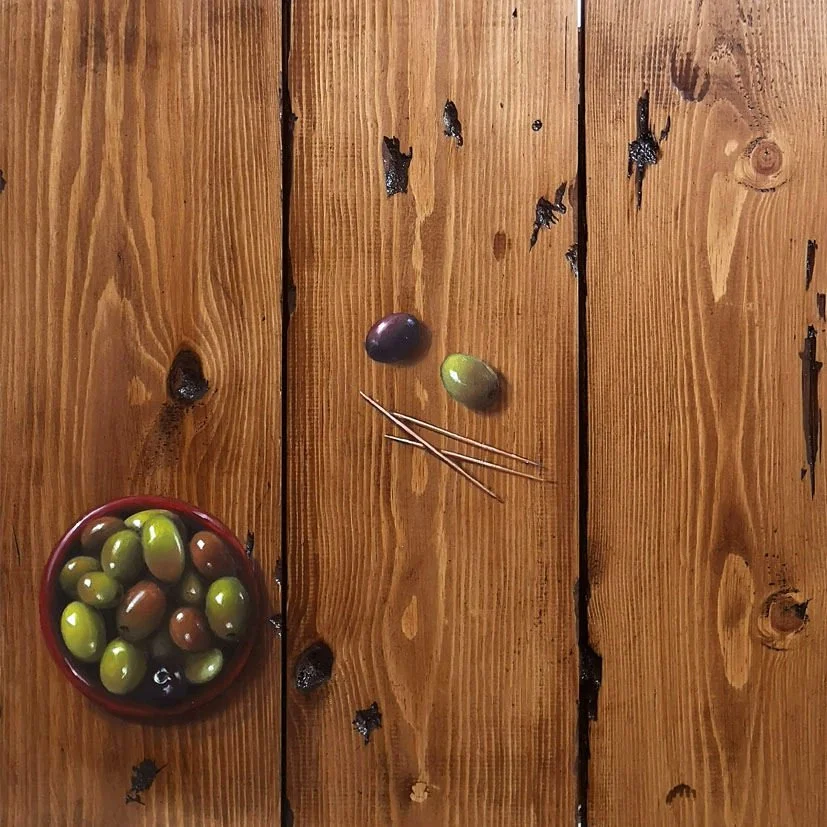 Still life painted in oils onto recycled bare wood.