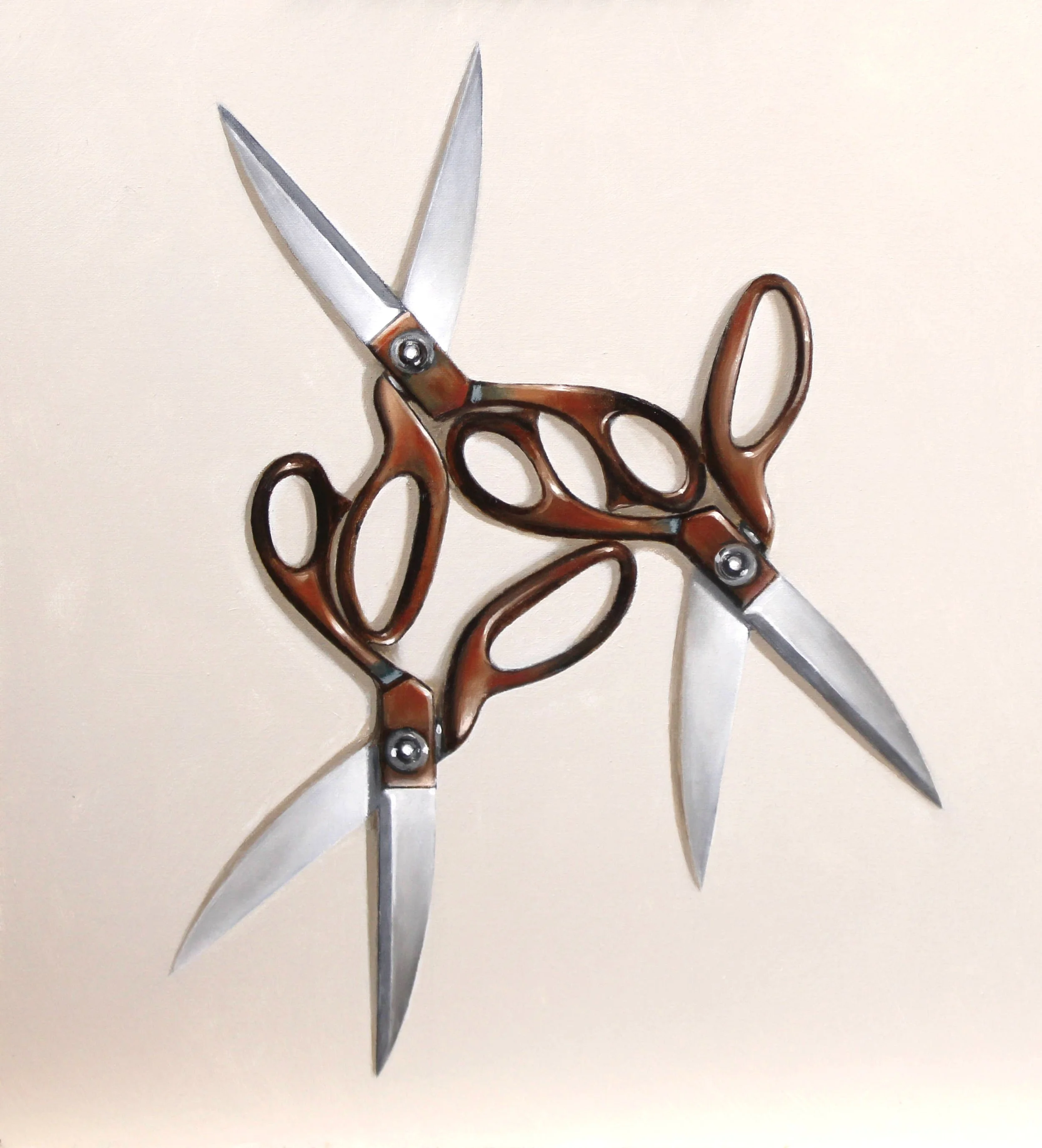 Still life painting in oils of scissors laid in a geometric shape to make mundane objects into something that can be viewed differently as art.