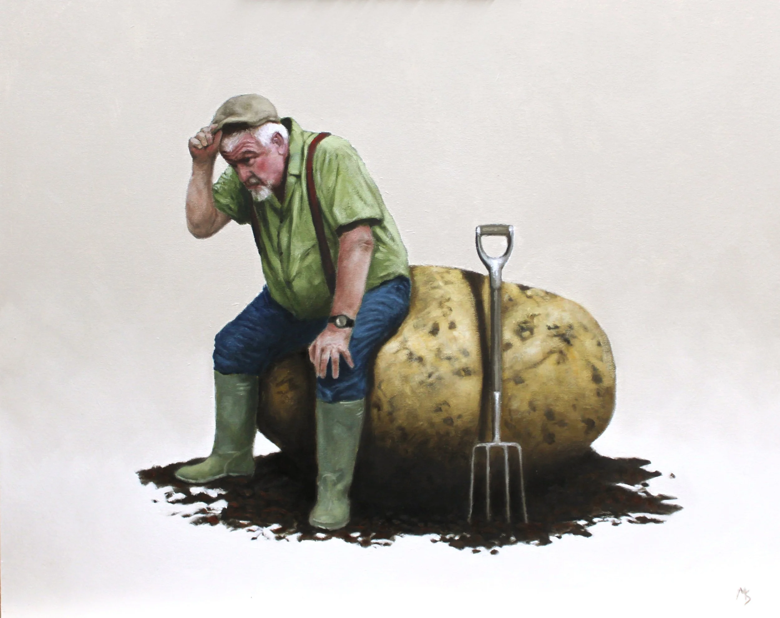 Humorous painting of an exhausted gardener sitting on a giant potato.