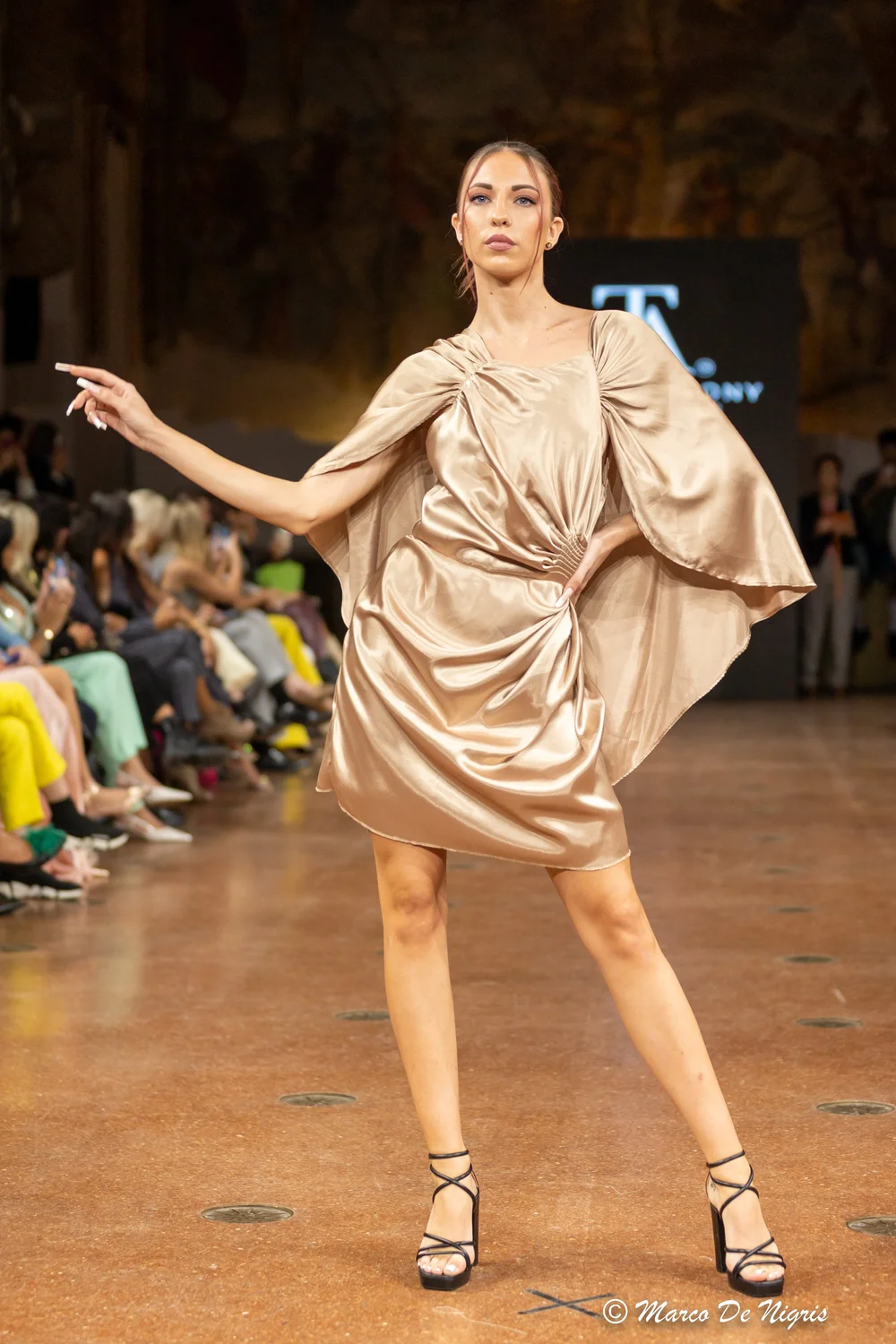 slim fit dress slacks Beige Embellished Satin Draped Gown