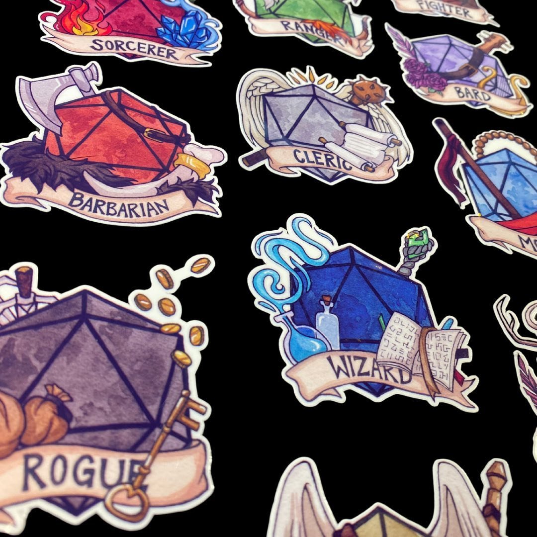 DnD Class Stickers ⚔️🛡️

For the sticker of the month for March, I made watercolor stickers of the Dungeons &amp; Dragons classes! There are many variations of these stickers made by other artists, but I wanted to share my take on them! I&rsquo;ve h