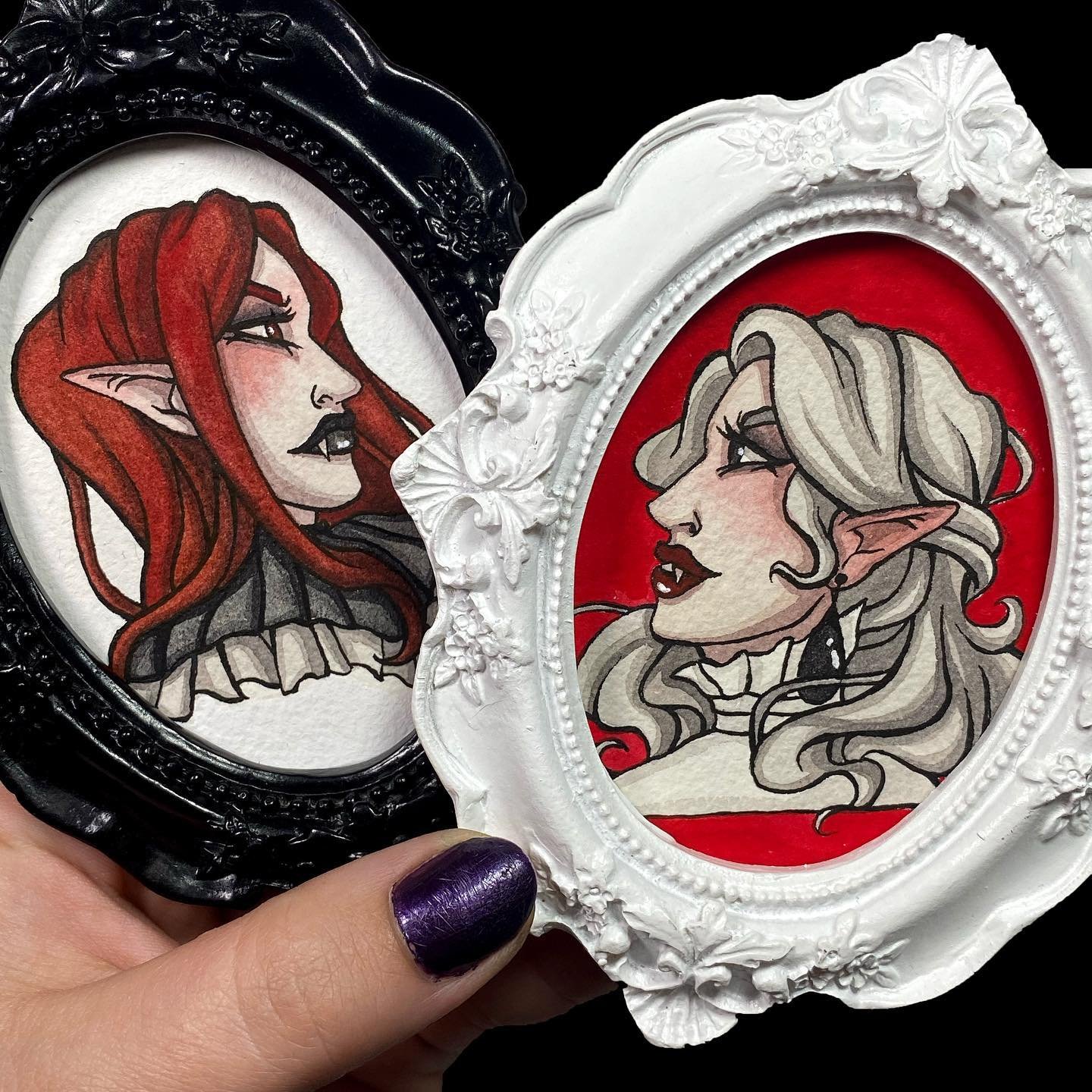 Mini Vampire paintings! 🩸

I based these illustrations on two tiny frames I&rsquo;ve had for awhile. The black and white contrasting colors were perfect for making opposing, yet similar, characters! 

I&rsquo;ll have these for sale at the @clarksvil