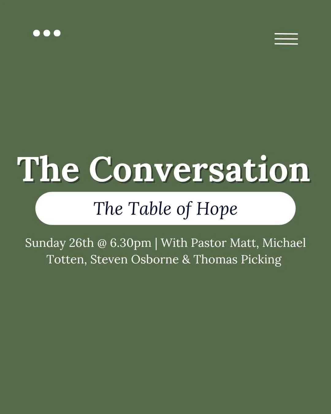 Join us tomorrow evening at 6.30pm as Pastor Matt has a conversation with Michael Totten, Steven Osborne and Thomas Picking about The Table of Hope. 🙌🏻
We would love to see you at church tomorrow! 👋🏻