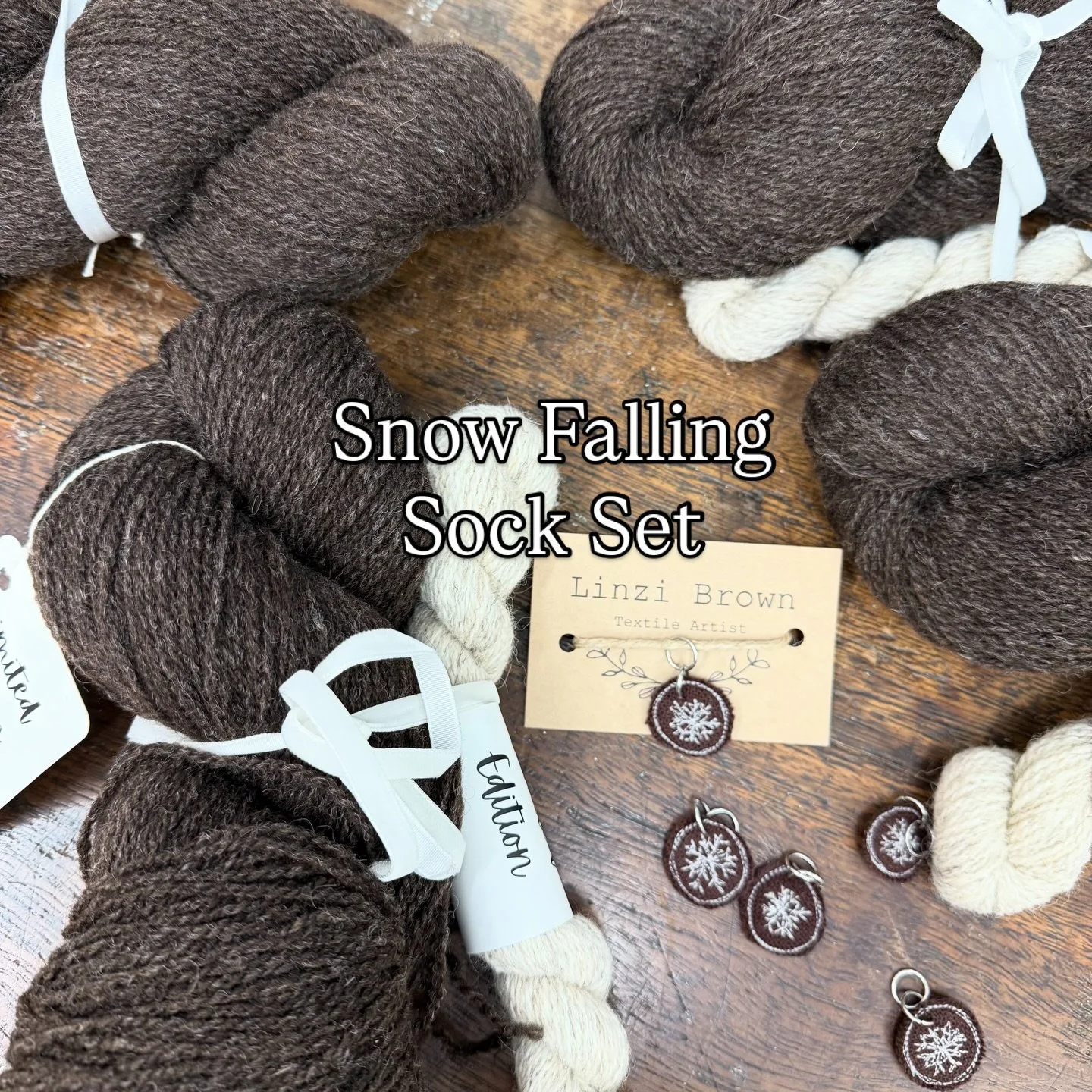 Delicious sock sets for winter days. I can confirm how cosy &amp; warm this knits up.
Set comes with a cute stitch marker by @bumblebeesofllandovery which has been stitched using free motion embroidery &amp; a Free chart for the snow falling design.
