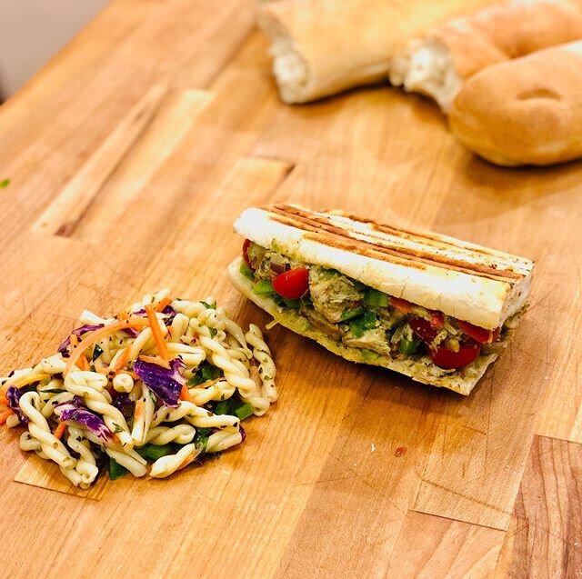 Today&rsquo;s Special:  Pesto chicken &amp; aged asiago panini on Stan Evans artisan French loaf.
Served with a vinegar and oil Pasta Salad.
