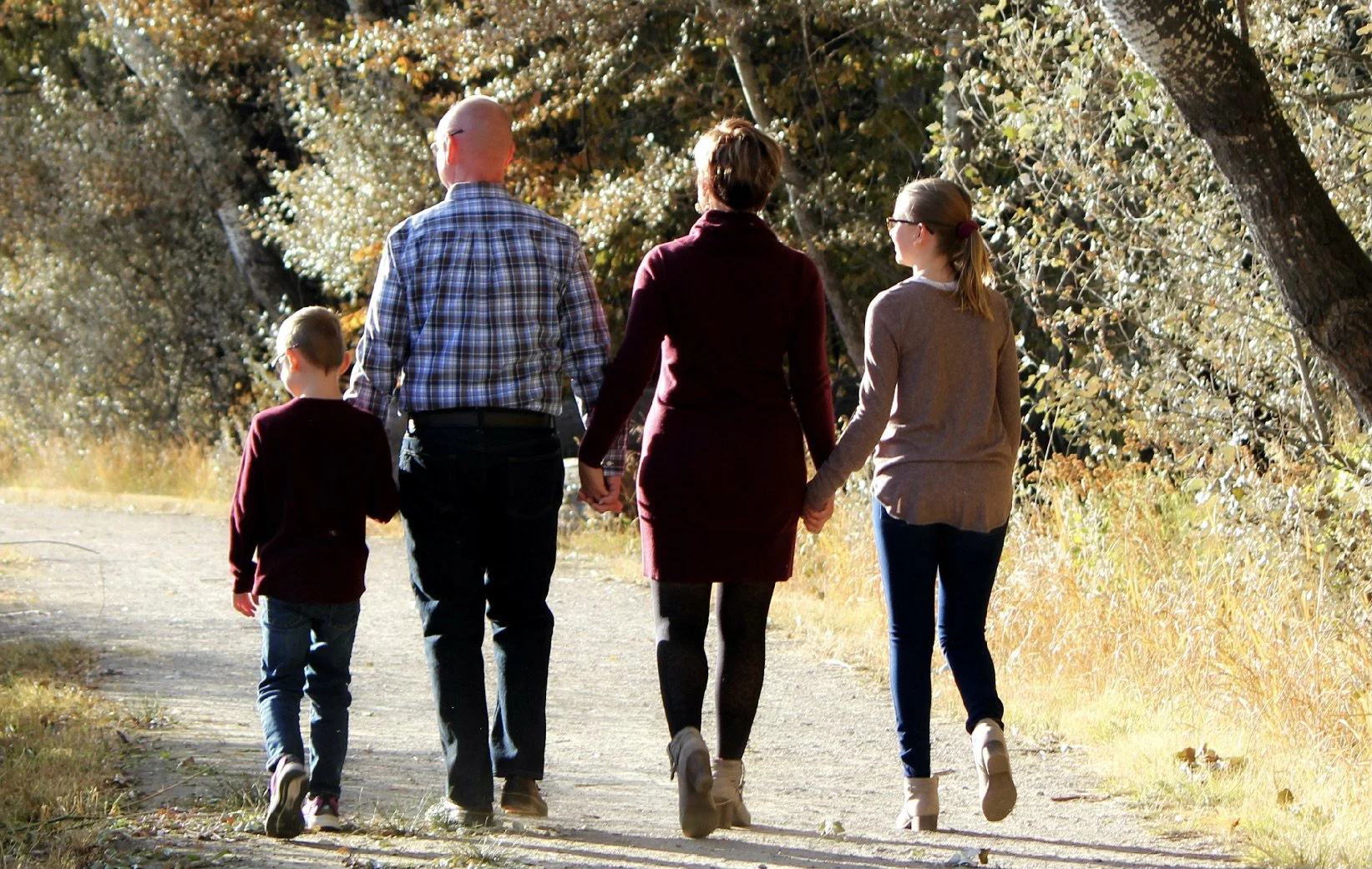 Family walking holding hands backs to camera laughing