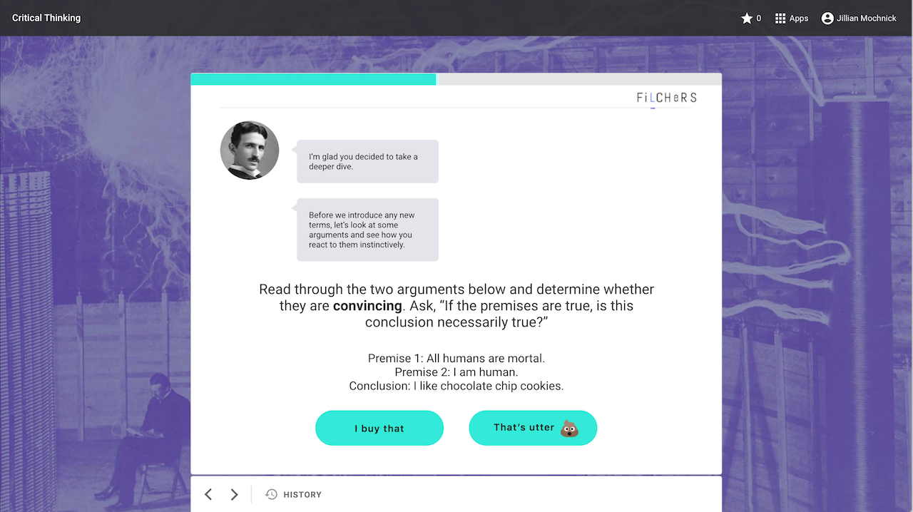 Throughout the experience, the learner engages in a light, texting-like conversation with Tesla about how science works.