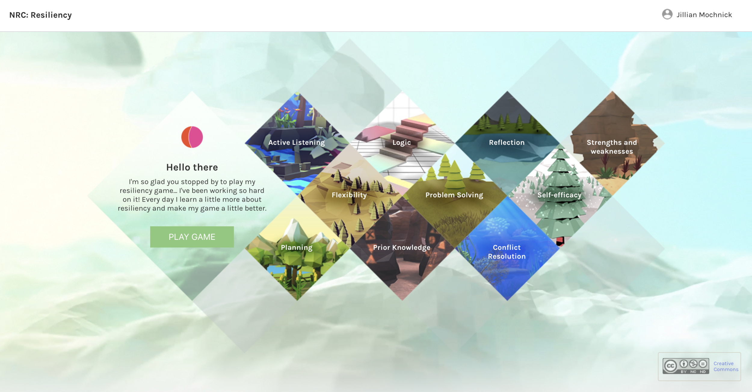 From the homepage, learners launch resiliency competency-based lessons as they wish, or they can play a game that provides suggestions for where to start.  