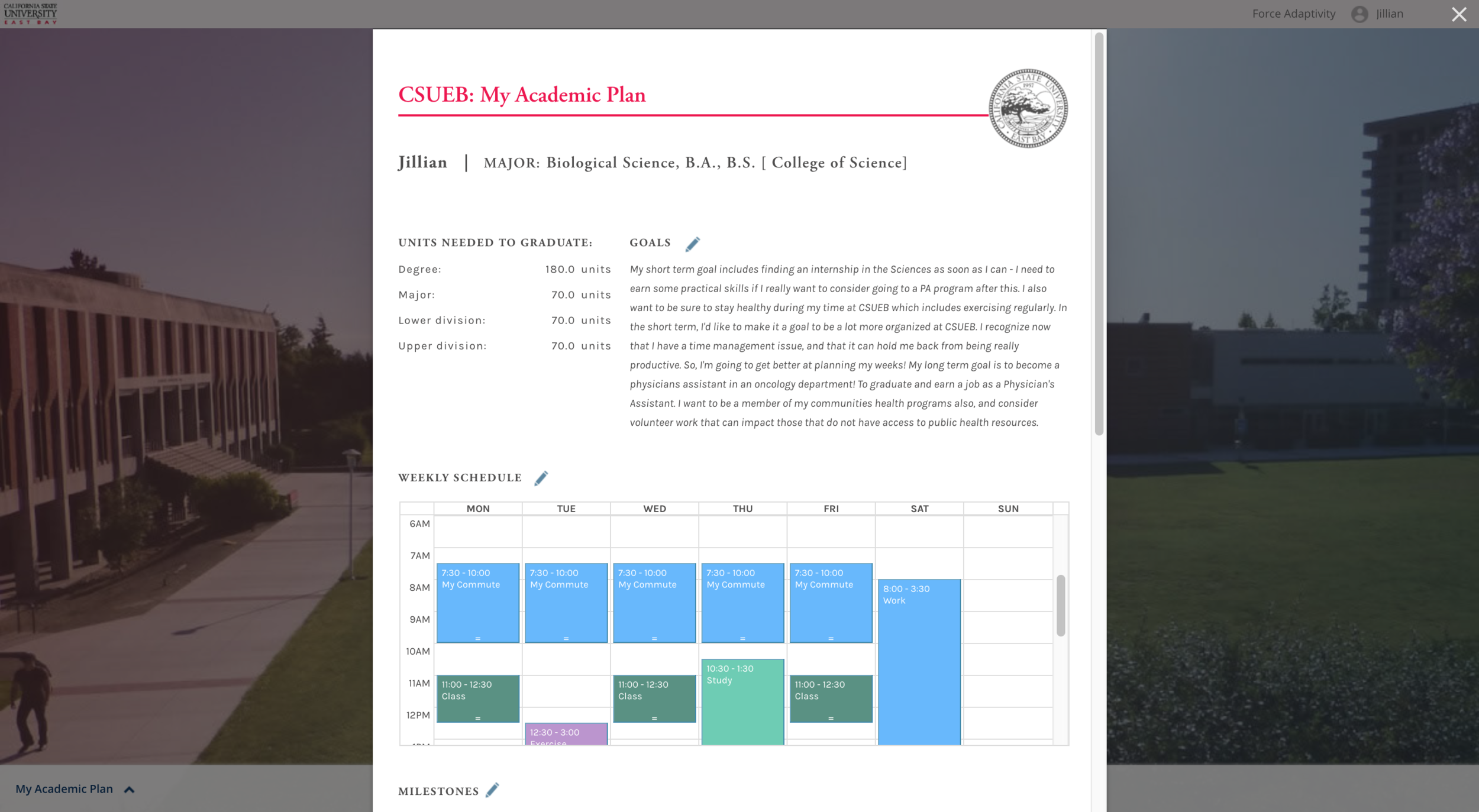 Through their inputs, learners end up creating an academic plan. This records the units they will need to graduate, their weekly schedule, and their milestones. 