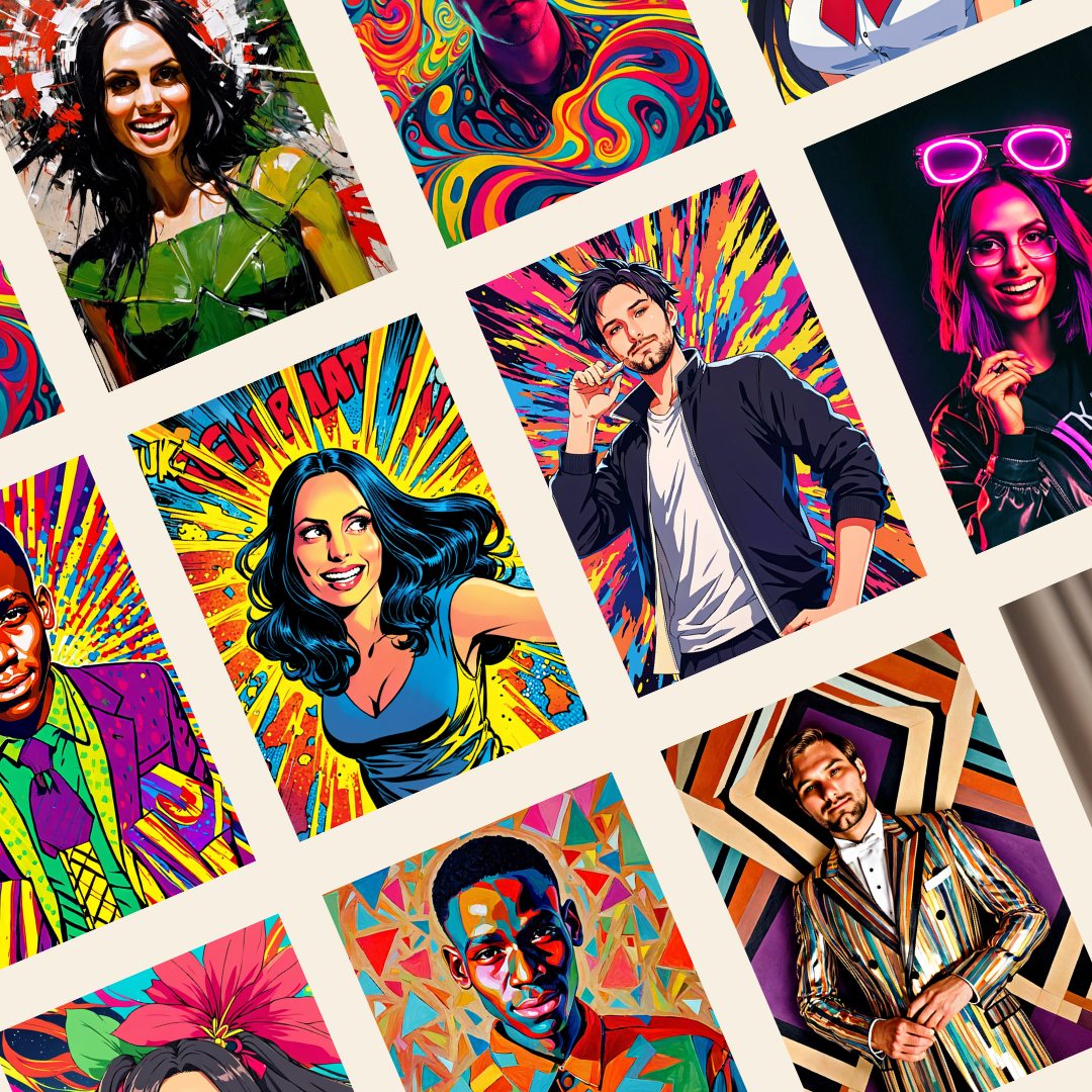 AI-generated photo booth portraits featuring colorful custom digital artwork and interactive event experiences designed for corporate activations, weddings, and modern celebrations.