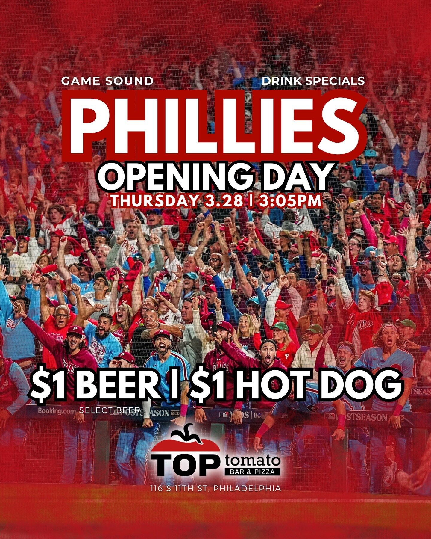 Phillies Opening Day! ⚾️ This Thursday 3:05pm | $1 Dogs &amp; $1 Select Beer! #Phillies #DollarDogNight 
.
.
.
.
#toptomato #baseball #openingday #sportsbar #phillysports #centecityphilly #philadelphiaphillies #philadelphia #mlb