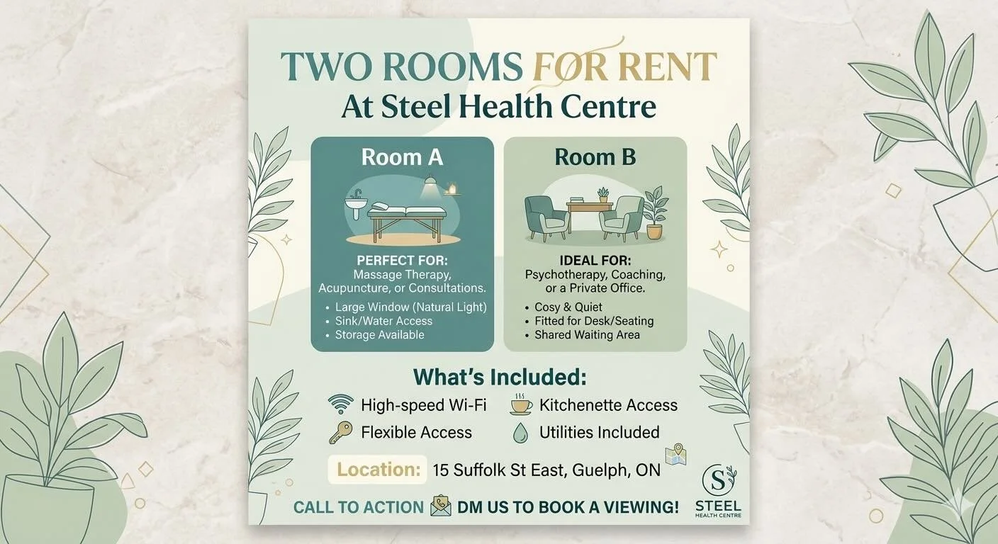 Looking for a professional home for your practice? 🌿
We have two beautiful rooms available for rent at Steel Health Centre! Located in the heart of Guelph at 15 Suffolk St East, our space is designed for calm, focus, and wellness.
Whether you are a 