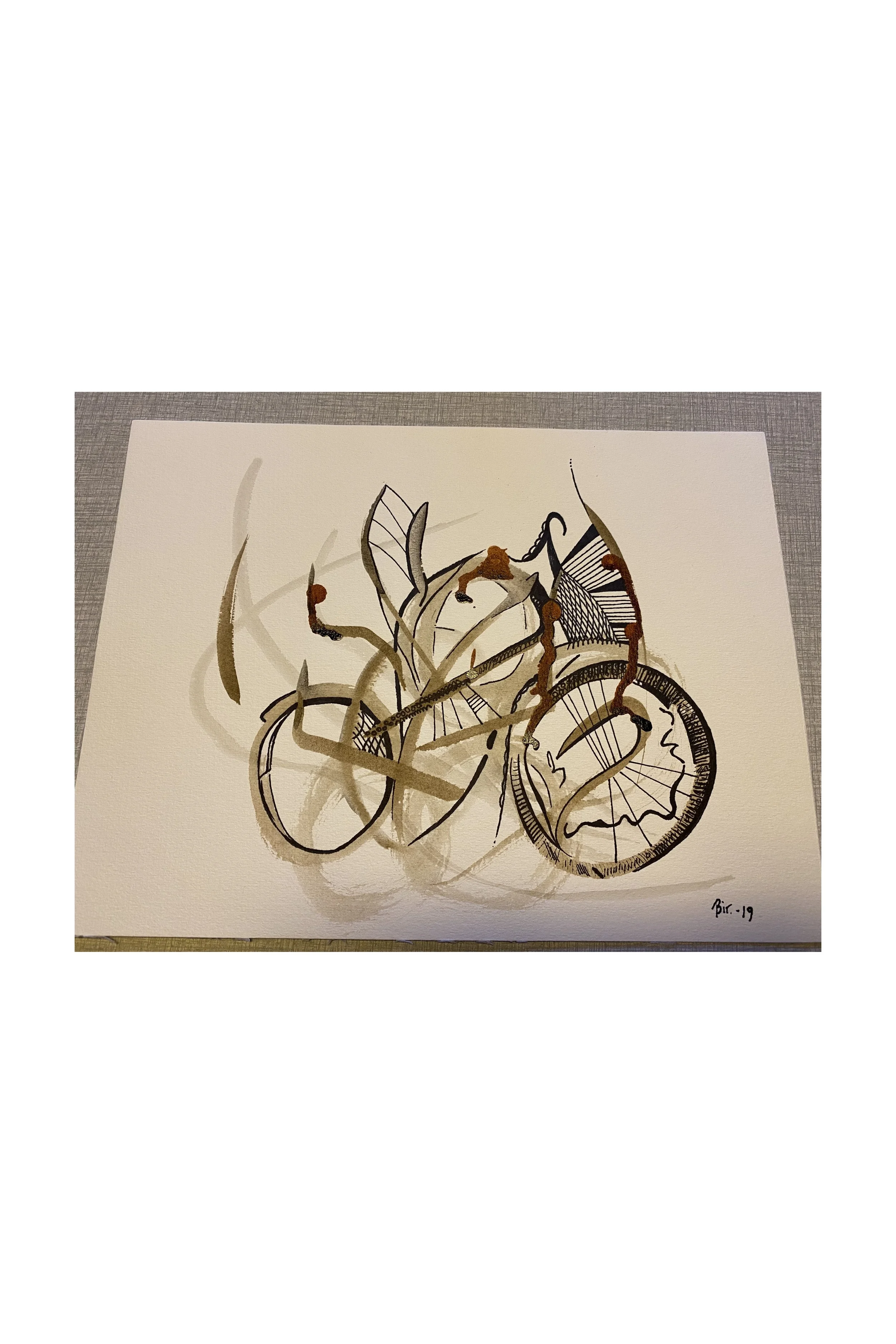 Tittel: "Sykkelen" Blekk, penn og akvarell på akvarellpapir. Str. A4. Solgt.