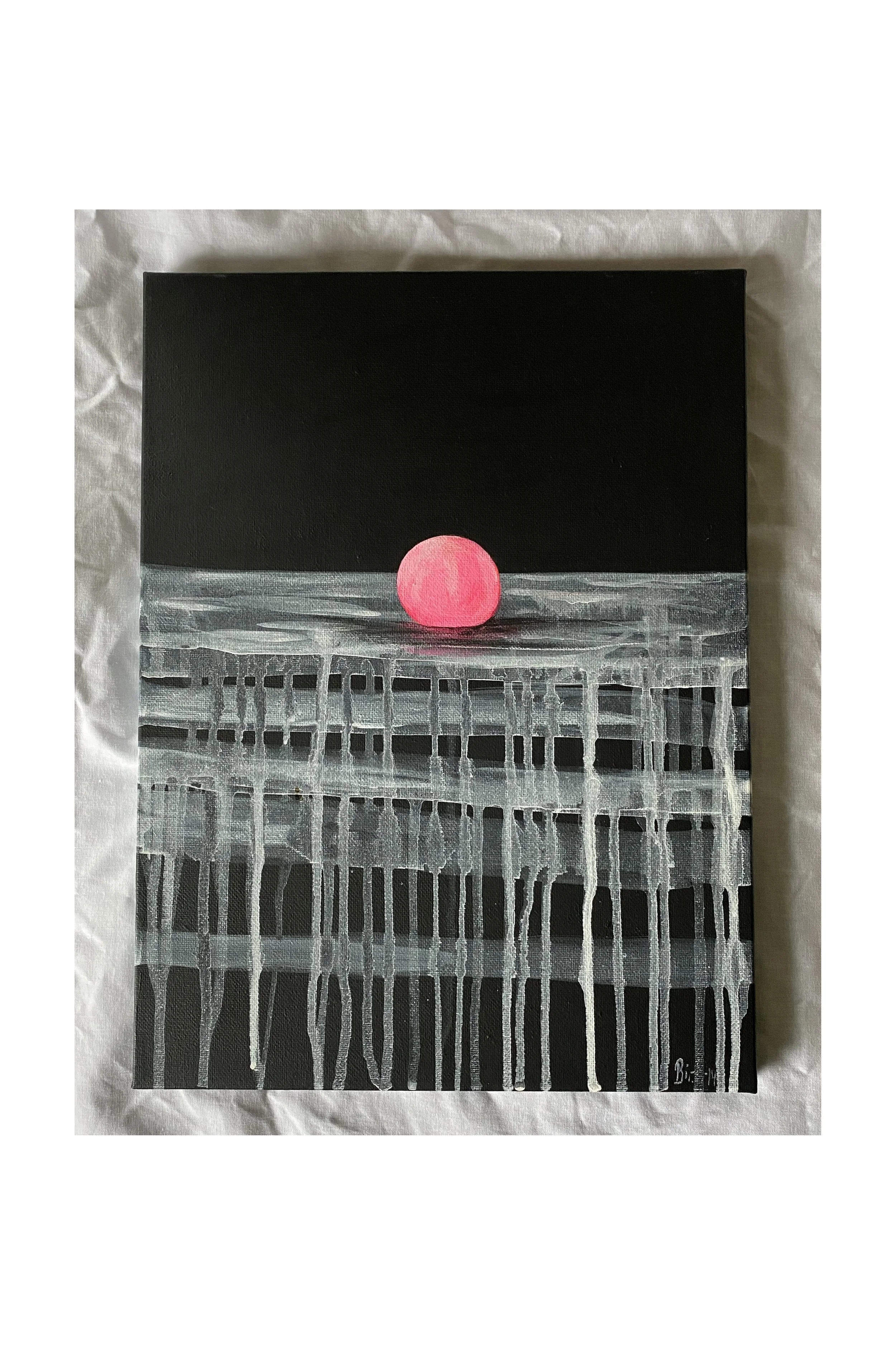 Tittel: "Abstrahert «sjøblåse» i landskap" Akryl på lerret. 40 x 30 cm.