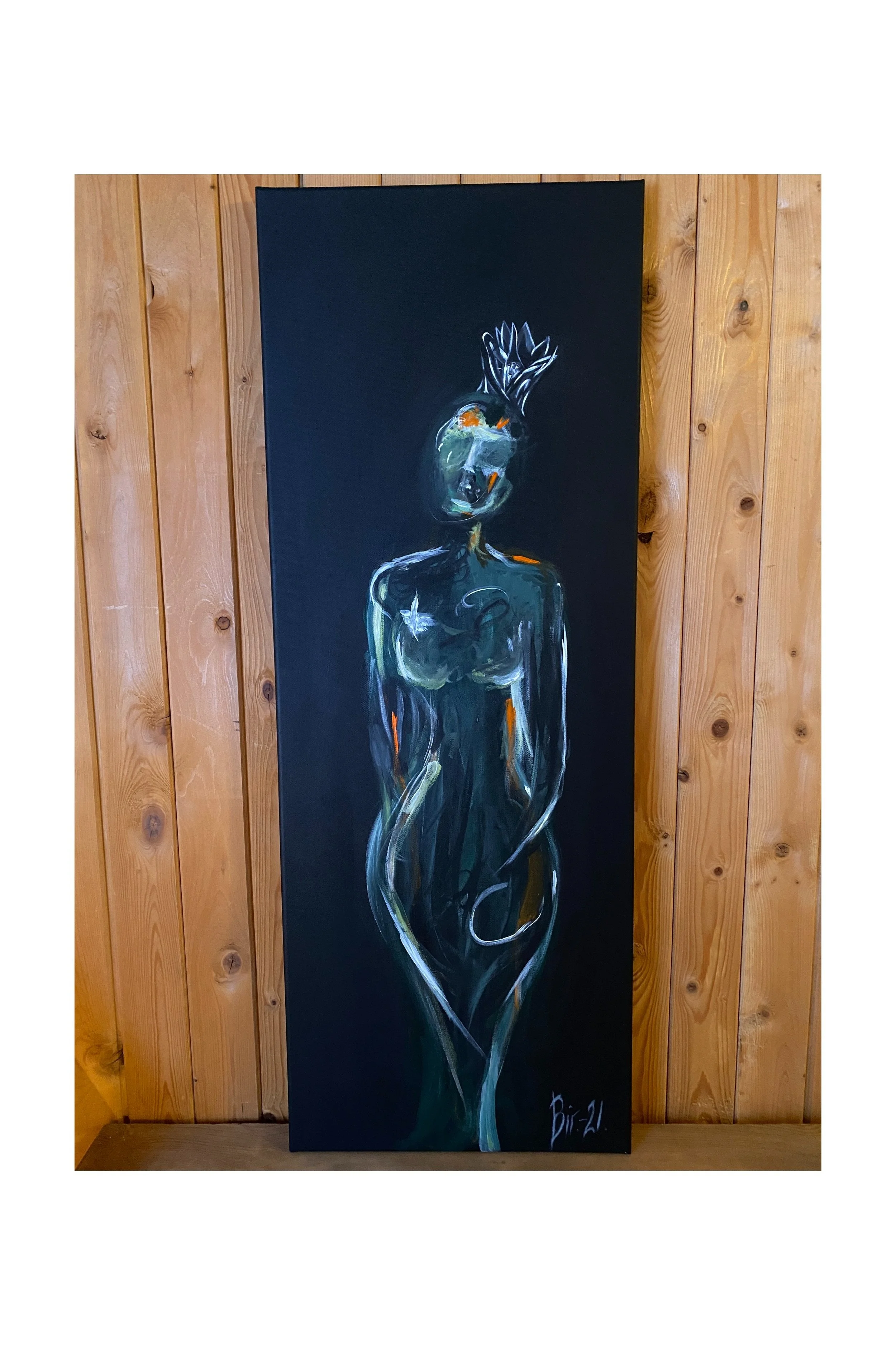 Tittel: "Svake korona. Vi skal bekjempe deg!" Akryl på lerret. Str. 80 x 30 cm.