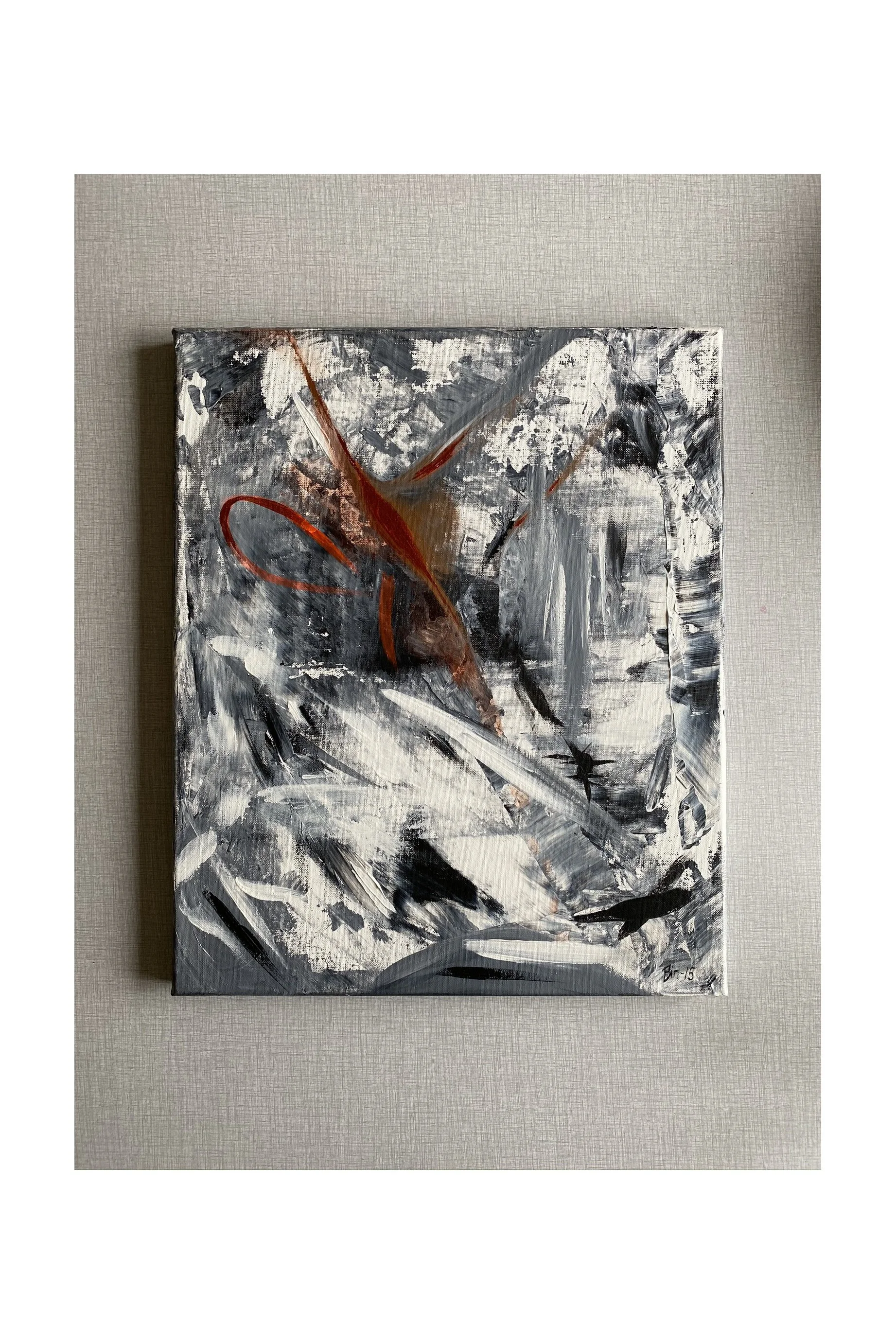 Tittel: «Abstract composition» Akryl på linlerret. 46 x 38 cm. Solgt.