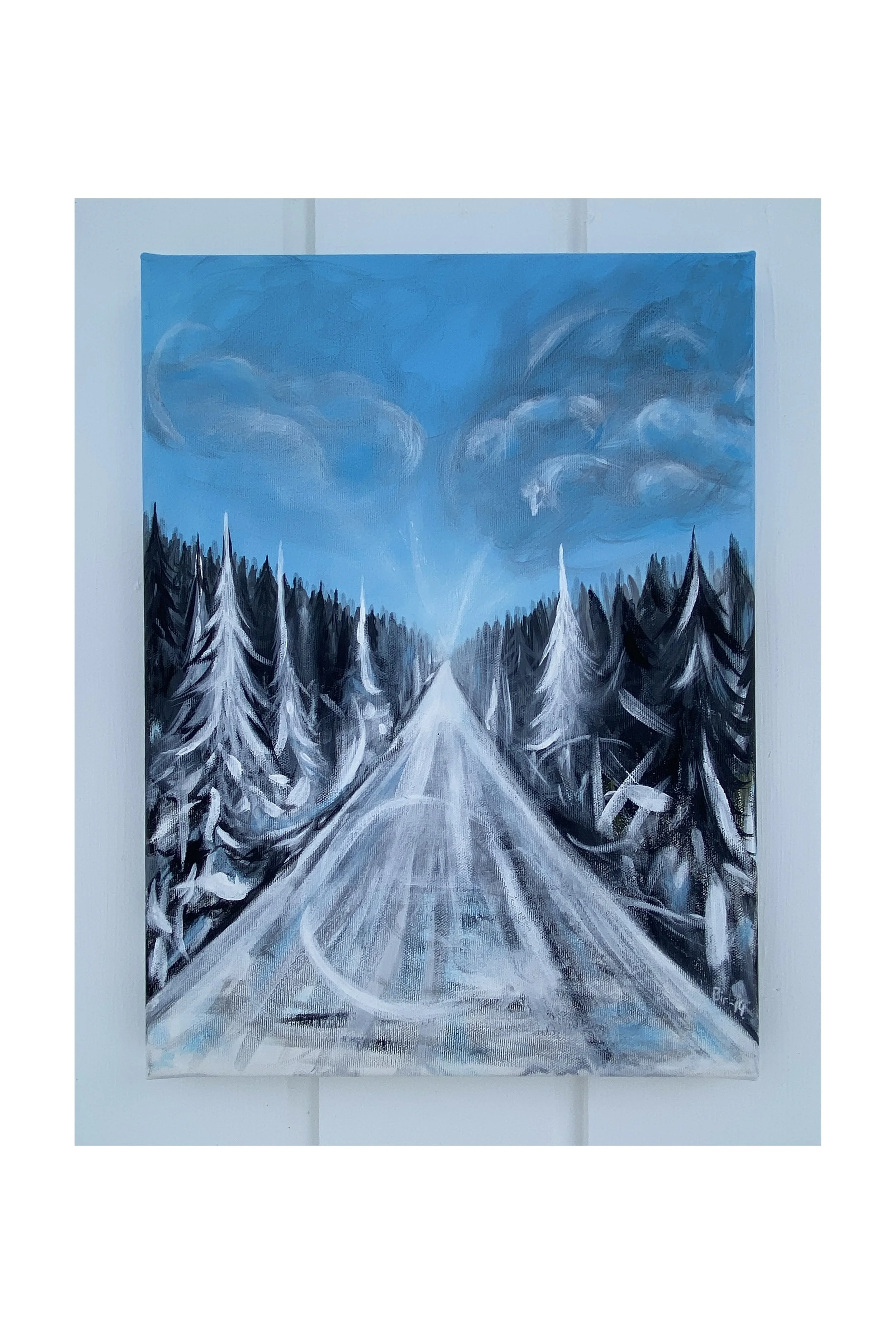 Tittel: "Winter wonderland. En vei, eller en snøvulkan?"  Akryl på lerret. 40 x 30 cm.