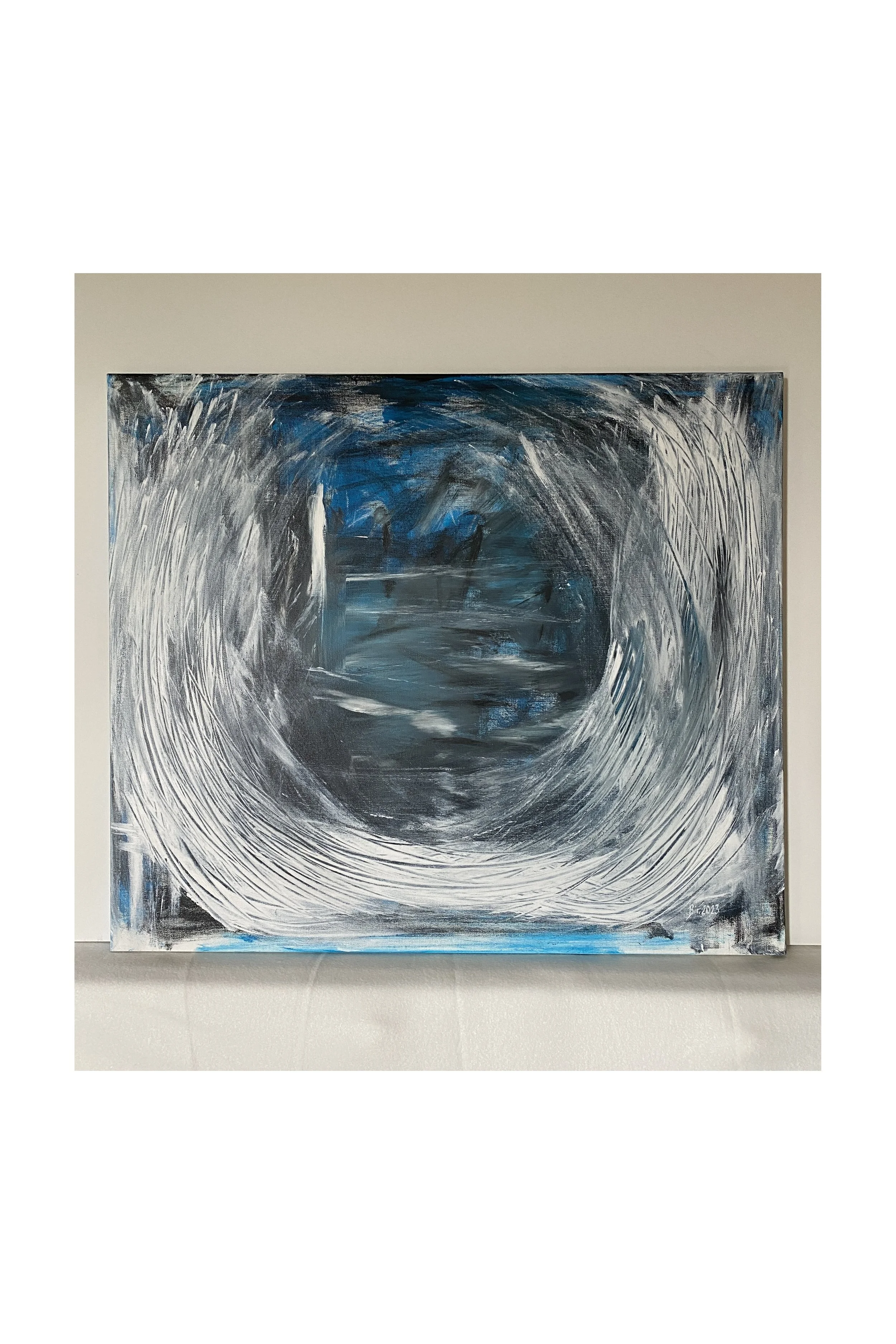 Tittel: «Fisking i uvær ved Måltopptjenna» Akryl på lerret. Str.: 70 x 60 cm.