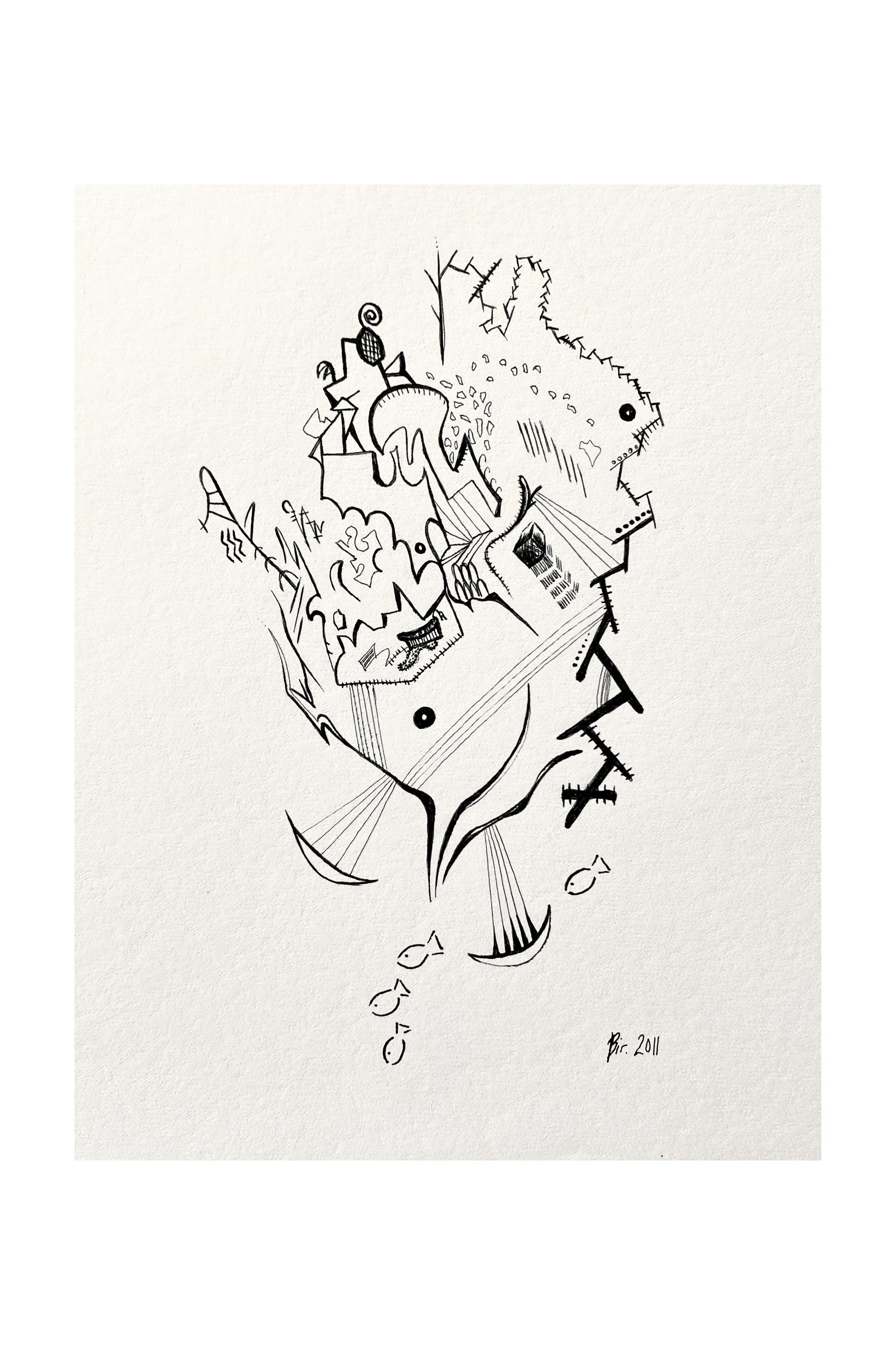 Tittel: "På fisketur" Penn på tegnepapir. Str. på motivet er 14, 5 x 8 cm. Tegnet på A4-ark.