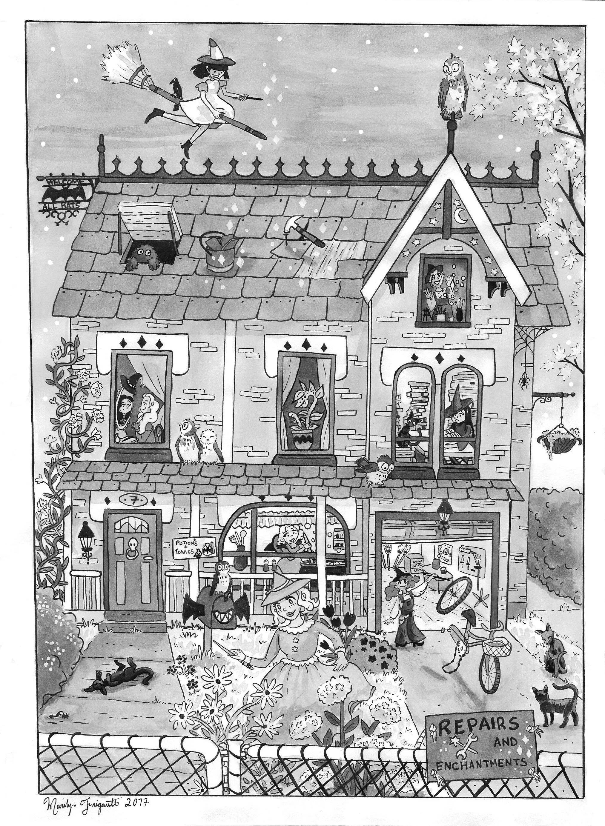 Witch House - Black &amp; White Inktober Illustration